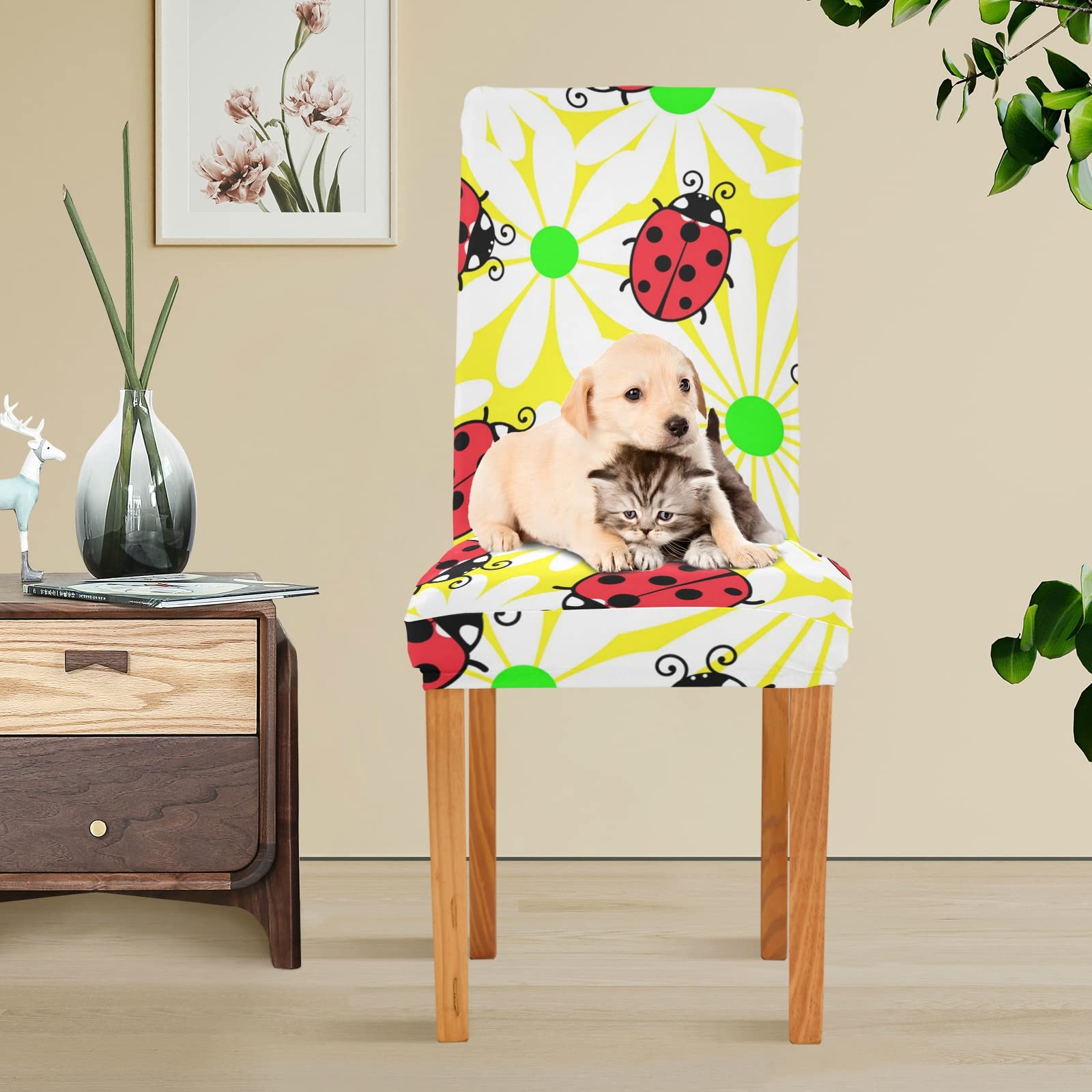 Ladybug Floral Dining Chair Covers Set of 2 - Washable & Stretchable Slipcovers for Dining Chairs - Perfect for Home, Hotel, Wedding & Office Decor