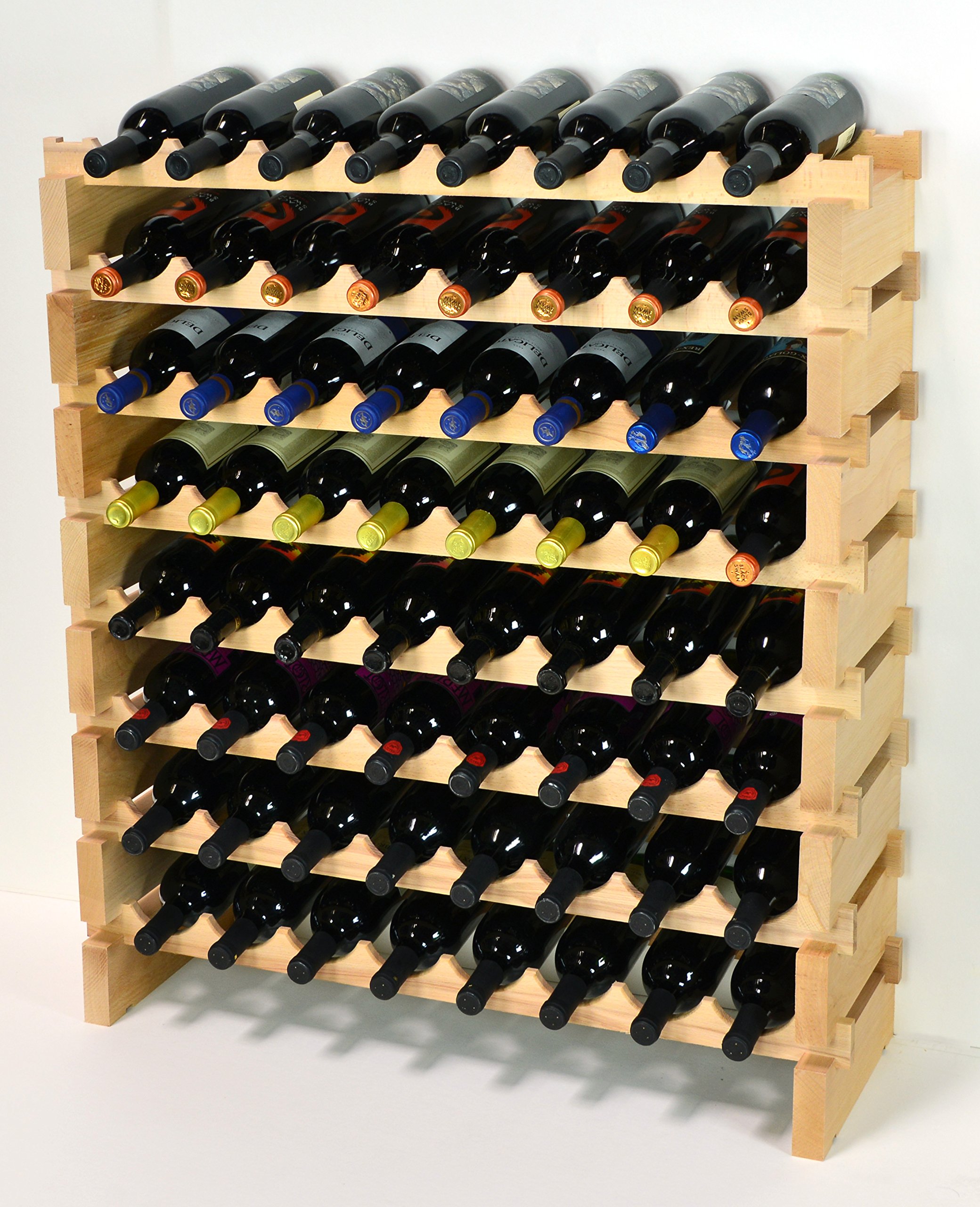 Premium Modular Beechwood Wine Rack - Holds 32 to 96 Bottles (8 Bottles Wide, Up to 12 Rows) - Newest Improved Design - Perfect for Wine Cellars, Home Bars & Restaurants