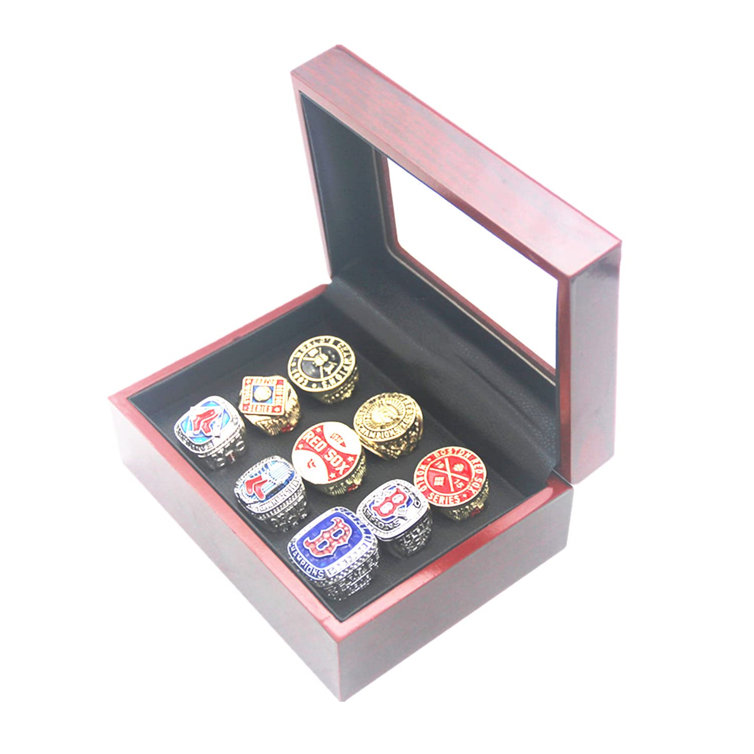 Valman Red Sox 9-Time World Champions Rings Set with Wooden Box - Boston Championship Ring Gift for Men, Women, Kids & Fathers - Perfect for Baseball Fans, Sports Collectors & Anniversary Gifts