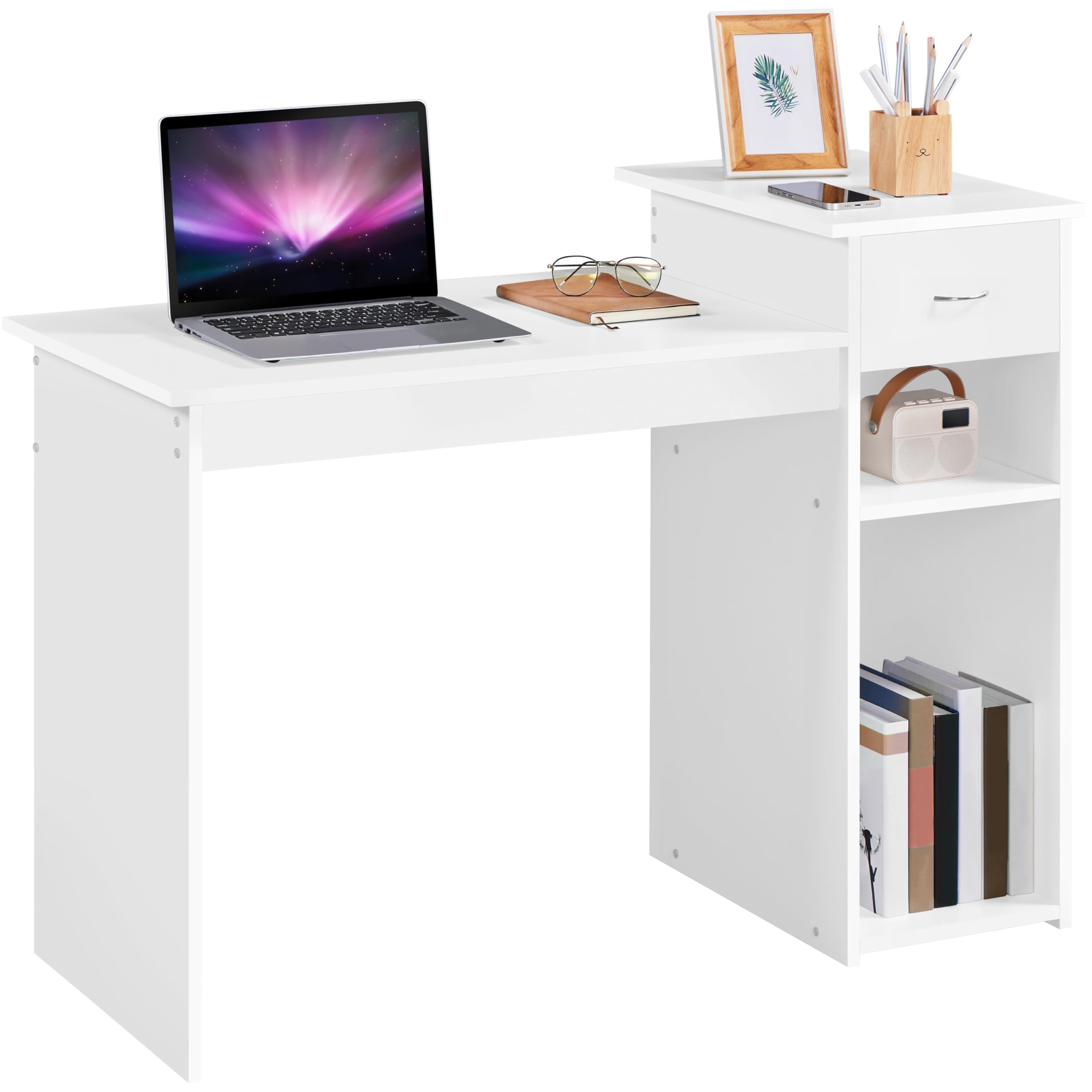 Yaheetech 44 Inch Home Office Desk & Ergonomic Chair Set with Drawer - Adjustable Height Computer Desk & Mesh Back Office Chair in White & Black - Perfect for Small Spaces, Remote Work & Gaming Setup