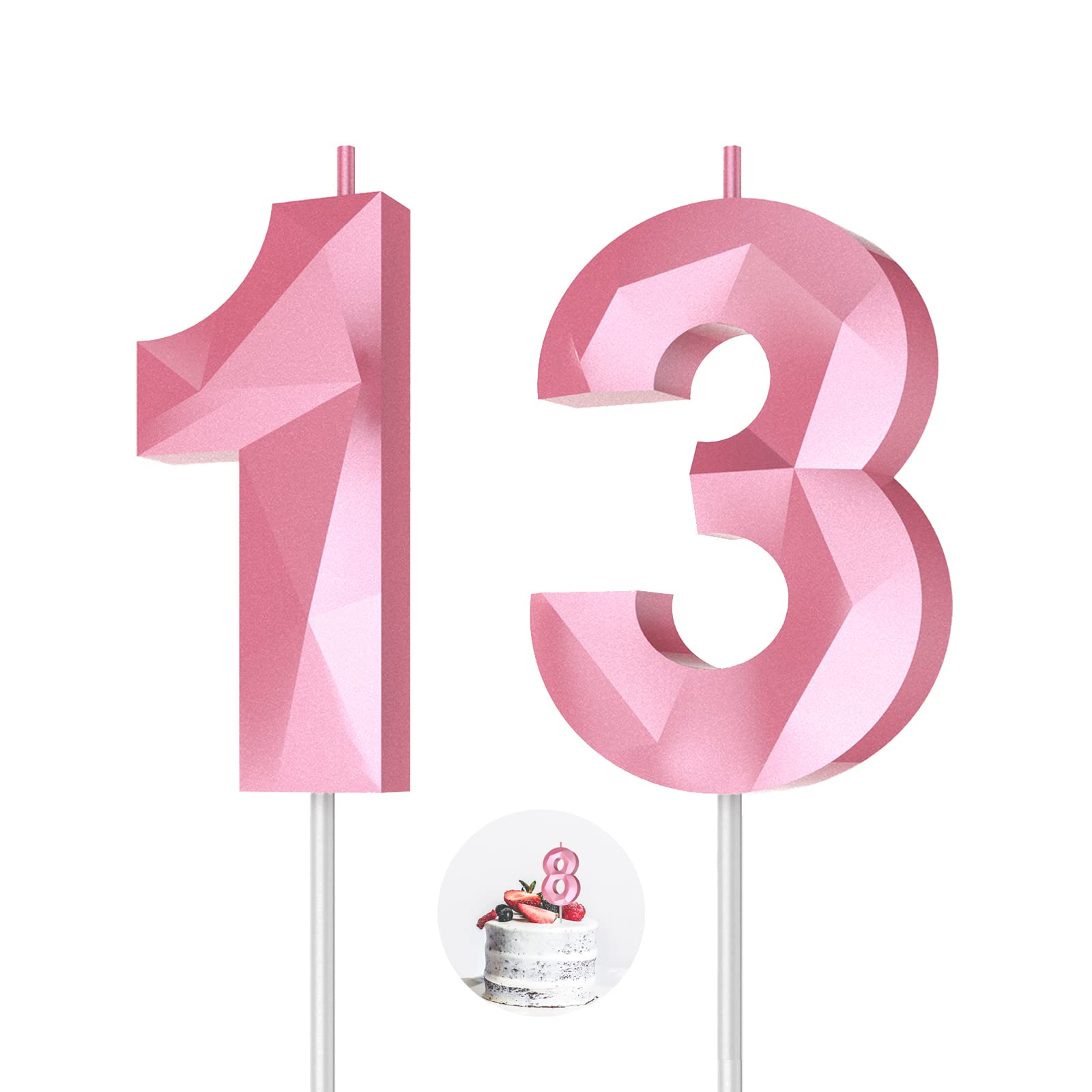 3D Diamond Shape Number 13 Birthday Candles - Pink Happy Birthday Cake Candles for Birthday Parties, Weddings, Reunions & Theme Celebrations - Perfect for Cake Decorating, Dessert Toppers & Special Occasions