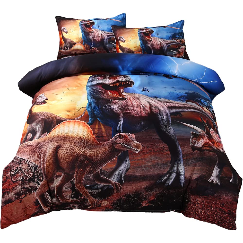 ADASMILE A & S Kids Dinosaur Bedding Set - Full Size 3D Dinosaur Duvet Cover with 2 Pillowcases, Blue Lightning Storm Print, Dinosaur Themed Bed Set for Boys Room Decor | Perfect for Kids Bedrooms, Dinosaur Themed Rooms & Gift for Dinosaur Lovers