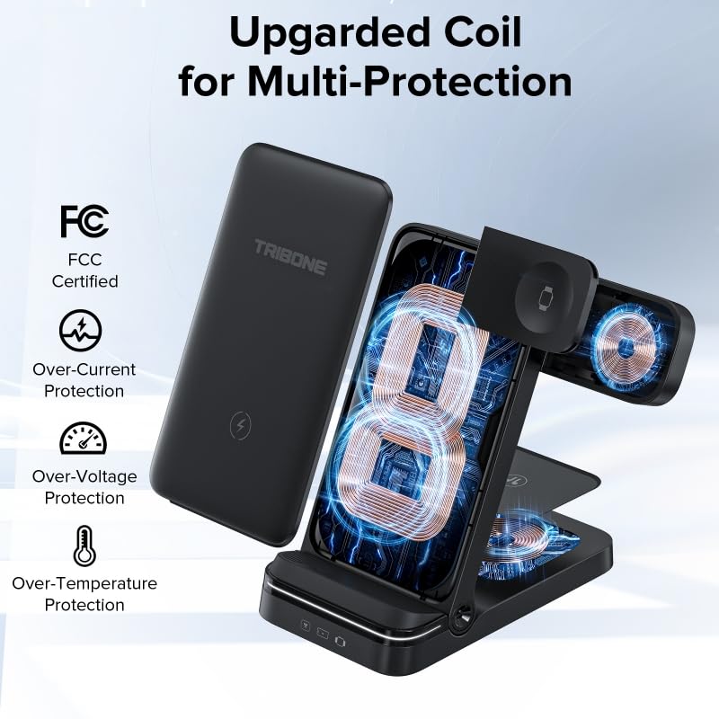 Tribone 3-in-1 Foldable Fast Wireless Charger for iPhone 16/15/14/13/12/11 Pro Max/XS/XR/8 Plus, Apple Watch 10/9/8/7/6/5/4/3/2/SE/Ultra & AirPods Pro 4/3/2 - Black | Multi-Device Charging Station for Home, Office & Travel