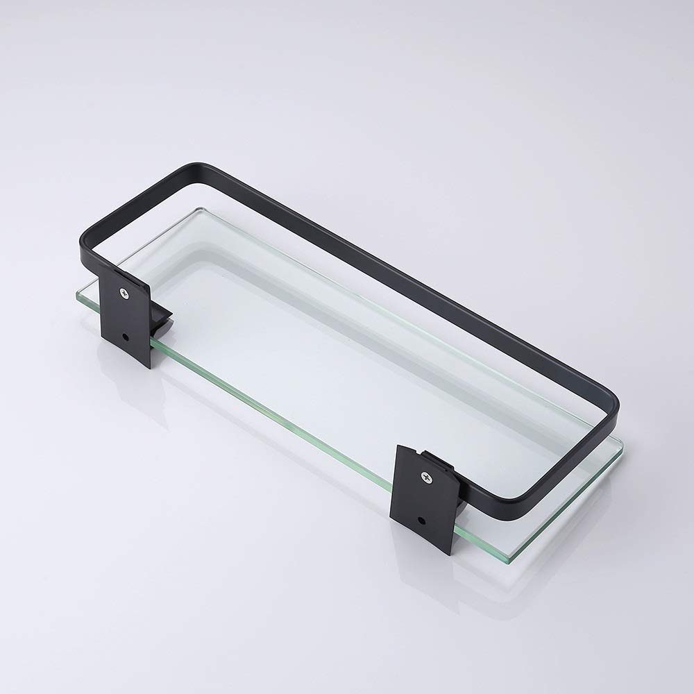 35cm Square Black Aluminum Bathroom Shelf - Single Layer Glass Shower Shelf for Toilet & Cosmetic Storage - Perfect for Shower Room, Bathroom & Vanity Organization
