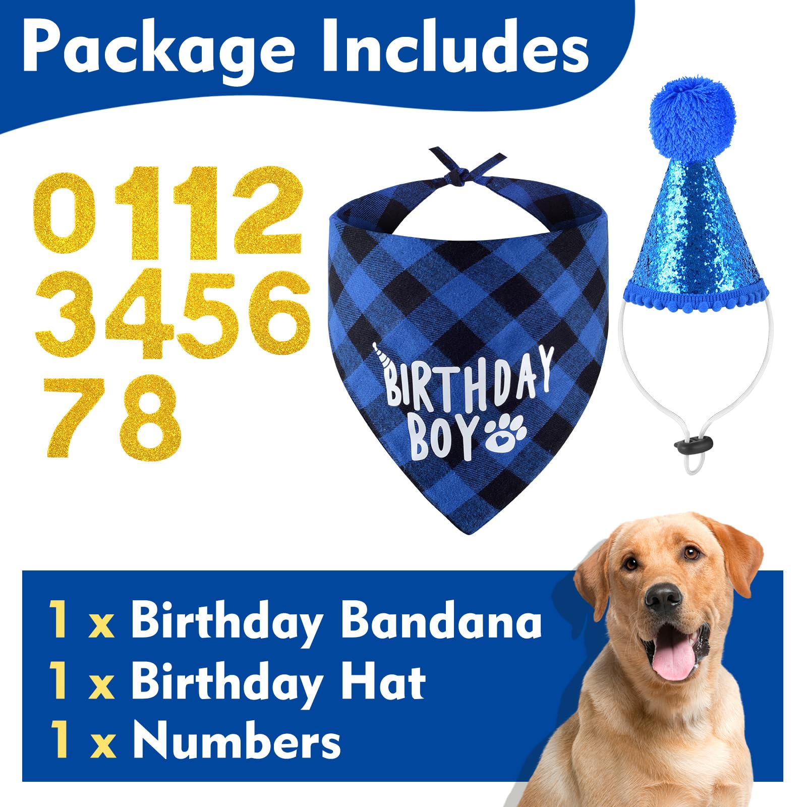 Dog Birthday Party Supplies Set - Adjustable Birthday Bandana & Hat with Numbers for Small, Medium, Large Dogs - Perfect for Puppy Birthday Celebrations, Pet Parties & Photo Shoots