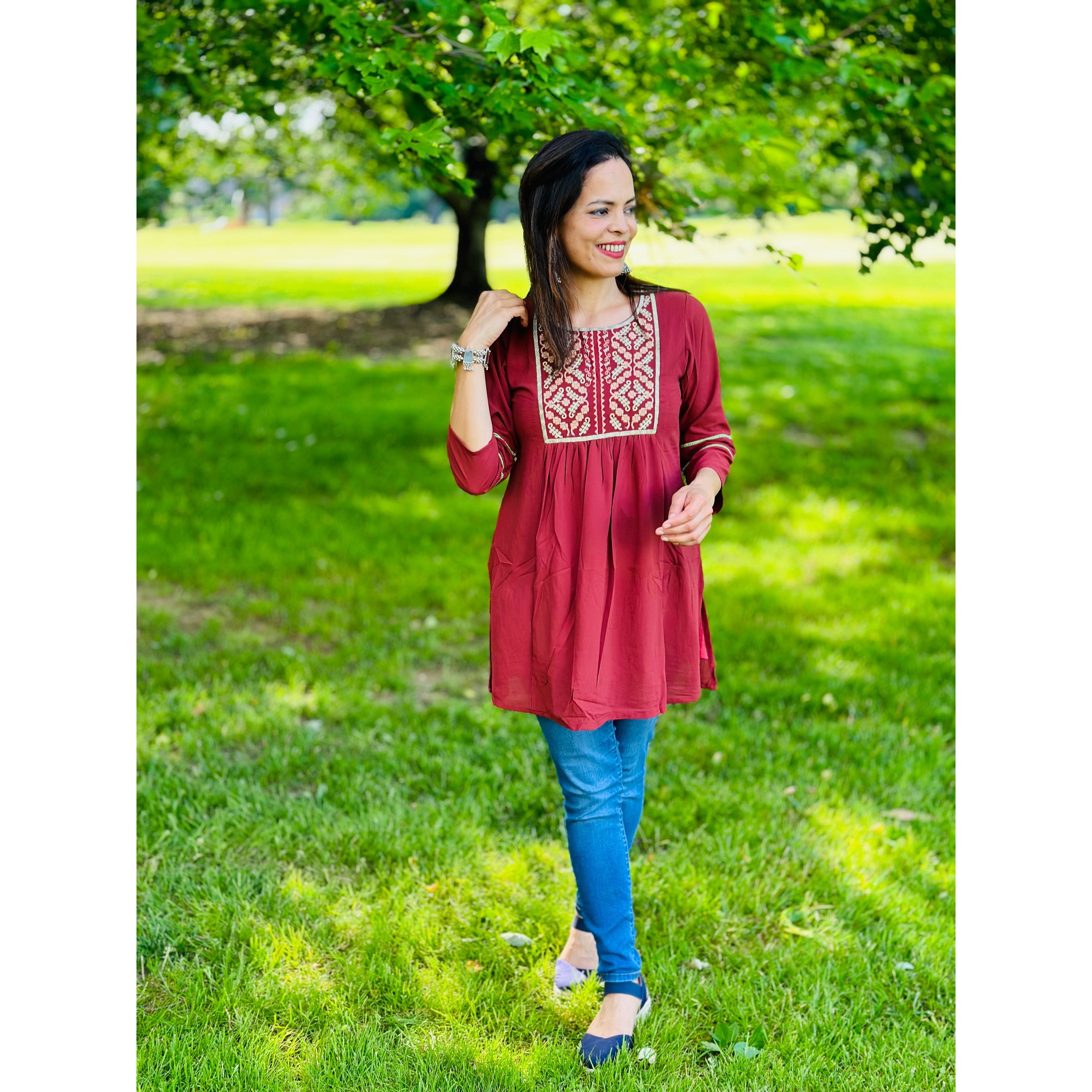 Embroidered Yolk Short Kurti for Women - Stylish Casual & Party Wear - Perfect for Festivals, Weddings & Daily Outfits