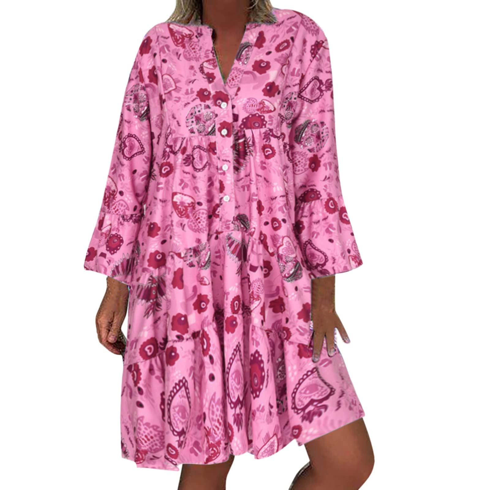 Floral Print Casual Mini Dress for Women - Summer Quarter Sleeve Loose Fit Hot Pink Dress | Perfect for Beach Vacations, Date Nights & Summer Parties