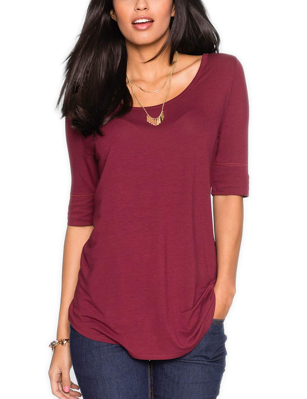 Women's Elbow Length Sleeve Cotton Blouse - Summer Casual Tunic Tee Shirt for Work, Travel & Everyday Wear