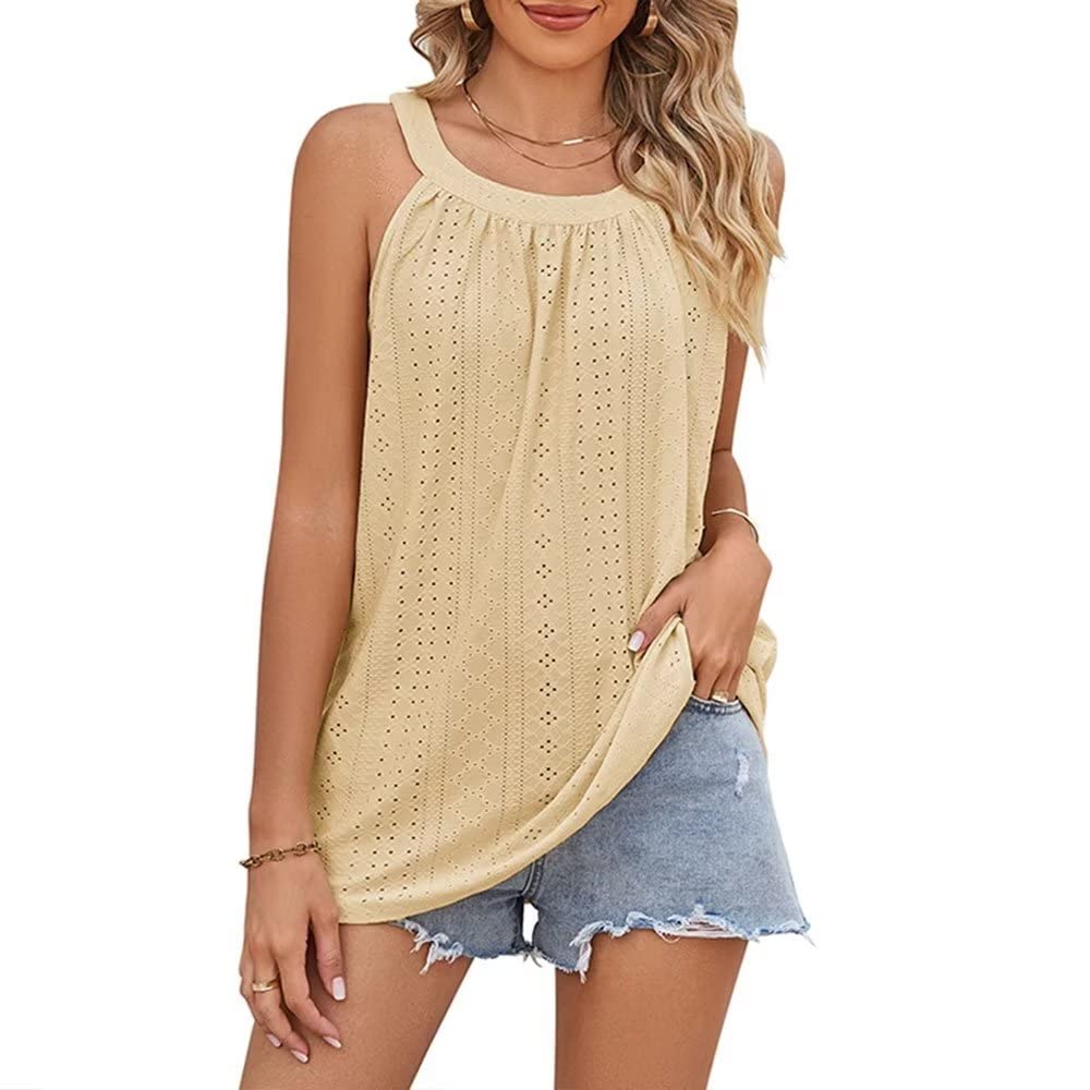 Women's Eyelet Halter Blouse - Flowy Loose Fit Crew Neck Camisole Tank Top | Summer Beachwear, Casual Outfits & Boho Style Fashion