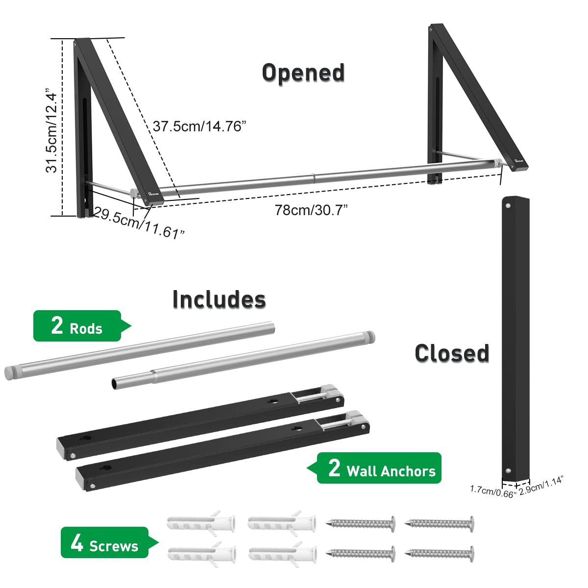 Foldable Wall Mounted Retractable Clothes Drying Rack - Space Saving Aluminum Laundry Hanger with 2 Rods for Closet, Bathroom & Small Apartment Storage Organization (Black) - Perfect for Drying Clothes, Towels & Organizing Laundry Rooms