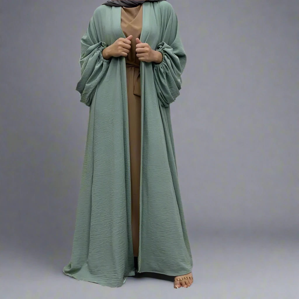 Stylish Elastic Puff Sleeve Muslim Women's Cardigan Open Abaya Dress - Perfect for Prayer, Modest Fashion & Everyday Wear