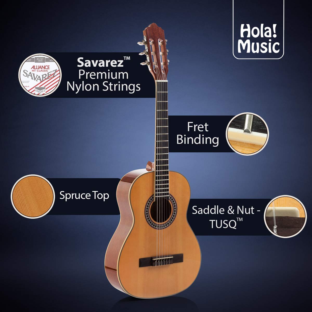 Hola! Music 3/4 Size 36 Inch Classical Guitar with Soft Nylon Strings | HG-36GLS Natural Gloss Finish | Includes FREE Padded Gig Bag | Perfect for Beginners, Students & Travel Musicians