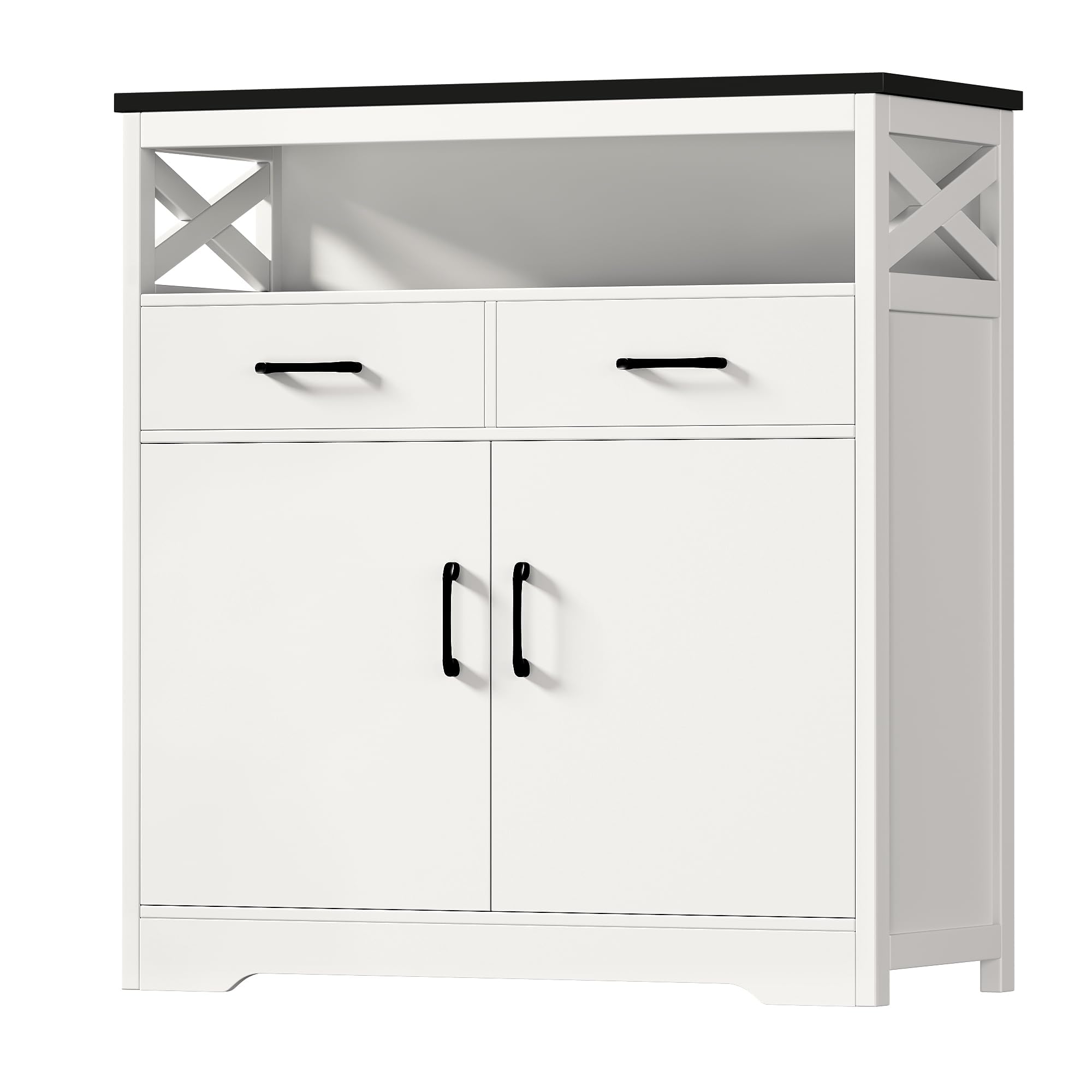 Modern Farmhouse Buffet Sideboard - Wood Kitchen Storage Cabinet with Shelves, Doors & Drawers - White and Black Coffee Bar Cabinet for Living Room, Dining Room & Home Decor - Perfect for Entertaining, Storage & Display