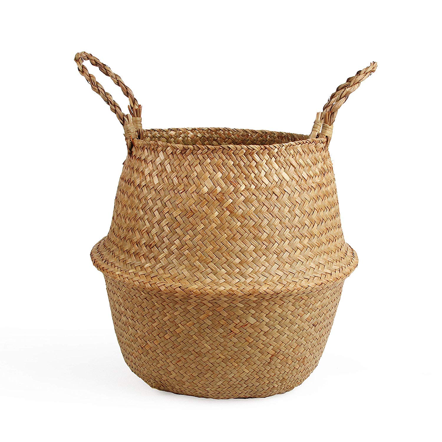 Natural Woven Seagrass Storage Basket - Small Handmade Belly Basket for Home Organization, Plant Holder, Laundry Hamper, Picnic & Grocery Carrier | Perfect for Bathroom, Nursery, Kitchen & Outdoor Use