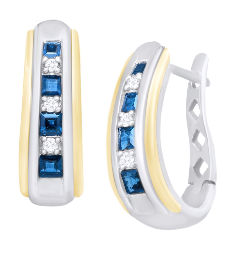 14K Gold Over Sterling Silver Princess Cut Simulated Blue Sapphire & Natural Diamond Hoop Earrings for Women - Perfect for Weddings, Parties & Special Occasions
