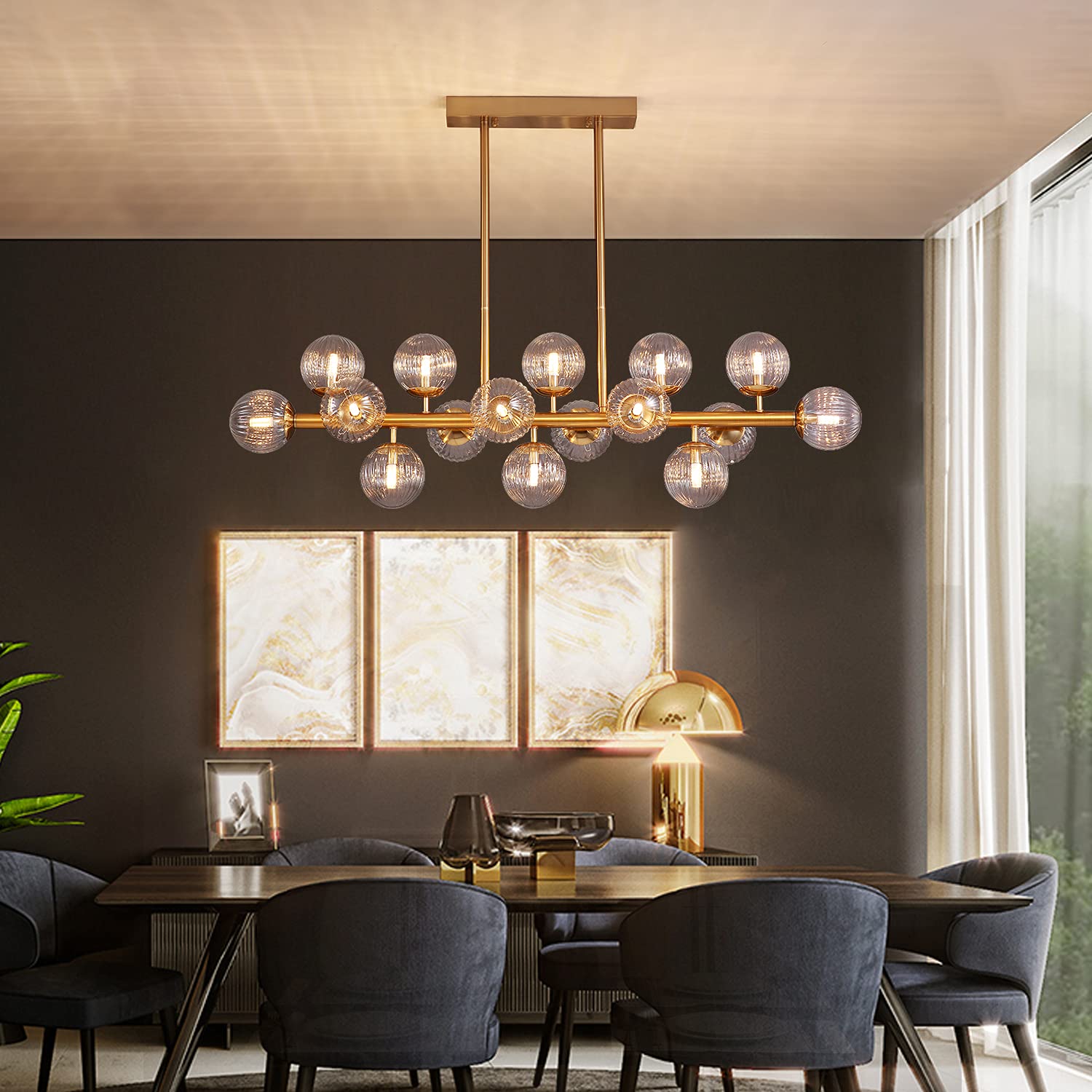 Siljoy Modern Gold Bubble Glass Chandelier - 49 Inch Semi Flush Mount Pendant Light for Living Room, Dining Room & Kitchen Island - Elegant Clear Glass Fixture for Home Decor & Ambient Lighting