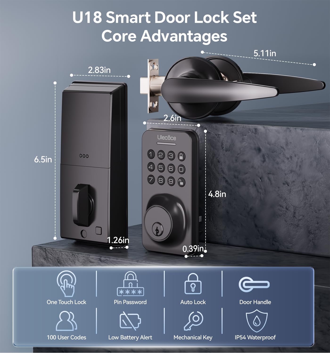 Smart Keyless Entry Door Lock Deadbolt with Handle Set - Keypad Door Lock with Auto Lock & Easy Installation - Matte Black - Secure Front Door Access for Home & Office Use