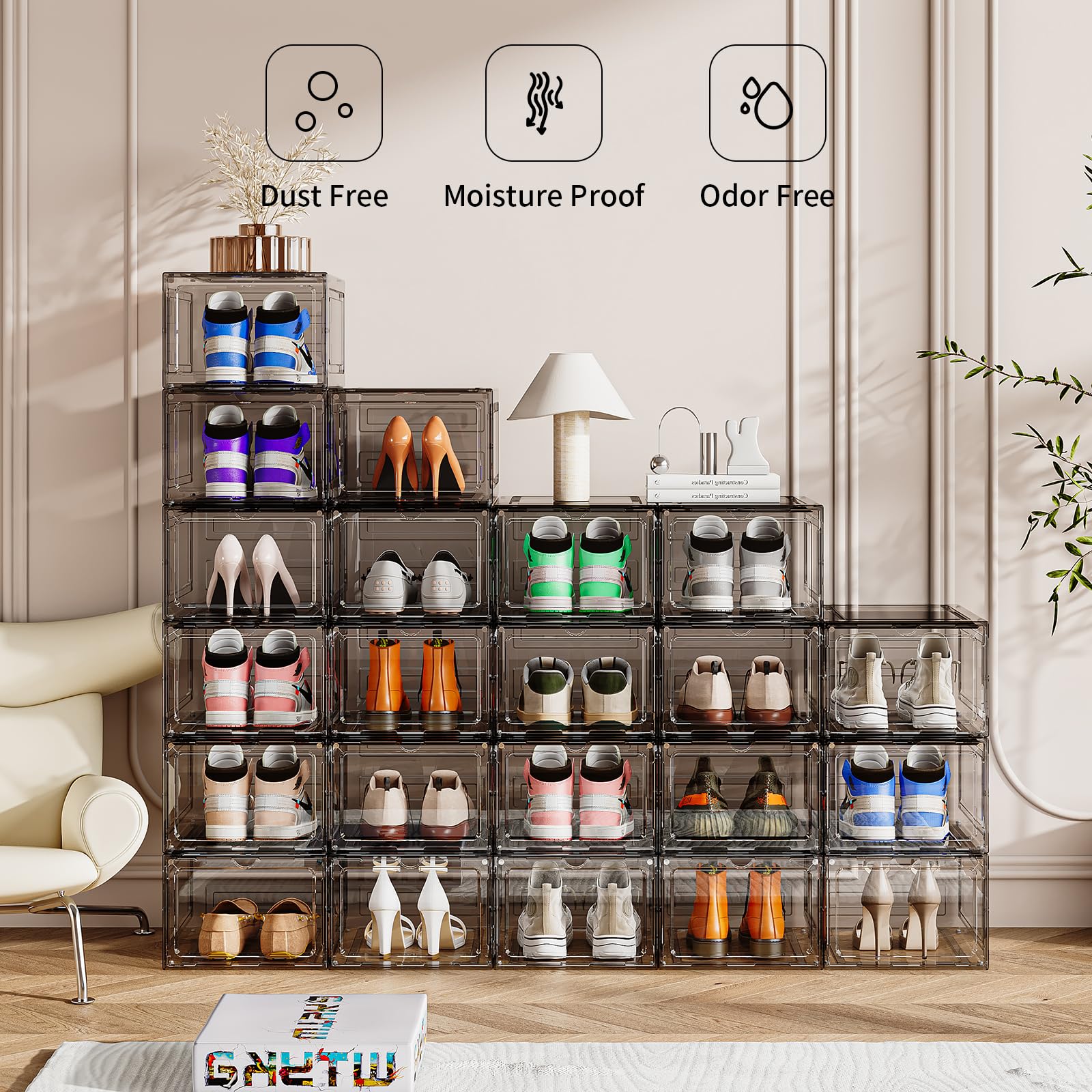 XXL Clear Plastic Stackable Shoe Storage Boxes - 6 Pack Thickened Sturdy Drop Front Shoe Organizer with Magnetic Door | Closet & Entryway Organization | Fits Up to US Men's Size 14 | Perfect for Sneaker Collection Display & Seasonal Shoe Rotation