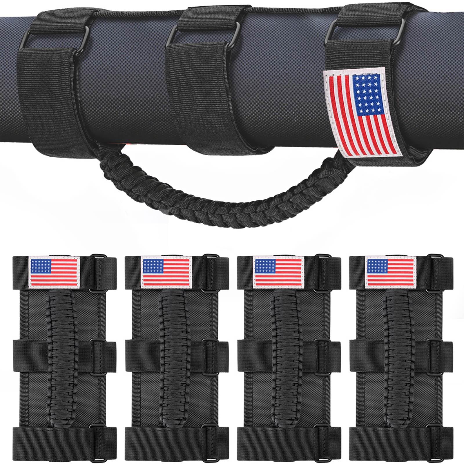 4 Pack Roll Bar Grab Handles for Jeep Wrangler JL JK TJ YJ & Gladiator (1955-2023) - Heavy Duty Paracord Grip with Upgraded Metal Buckles - Perfect for Off-Roading, Camping & Jeep Accessories