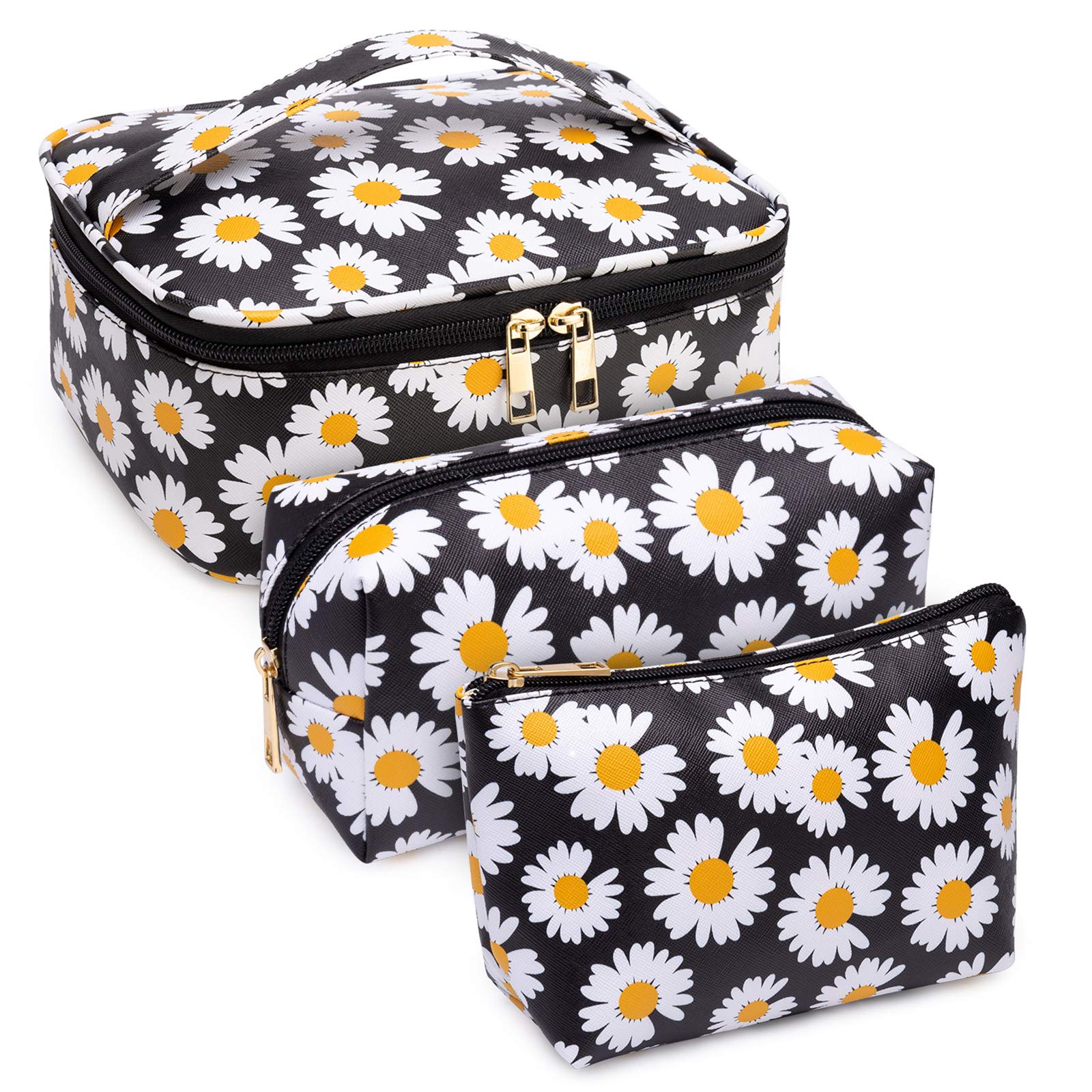 3-Piece Waterproof Makeup Bag Set for Women - Portable Travel Cosmetic Pouch & Toiletry Organizer with Black Floral Design | Perfect for Vacation, Gym, and Daily Essentials Storage