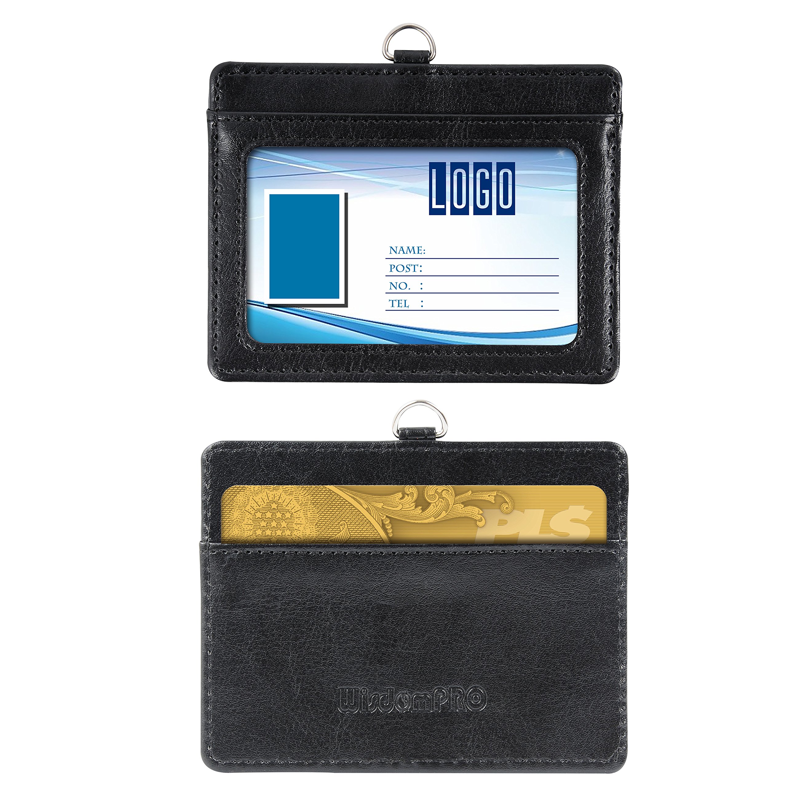 Wisdompro 2-Sided Horizontal PU Leather ID Badge Holder with Retractable Keychain - 2 Card Slots for Work ID, School ID, Metro & Access Cards (Black) - Perfect for Office, Campus, Commuting & Security Access