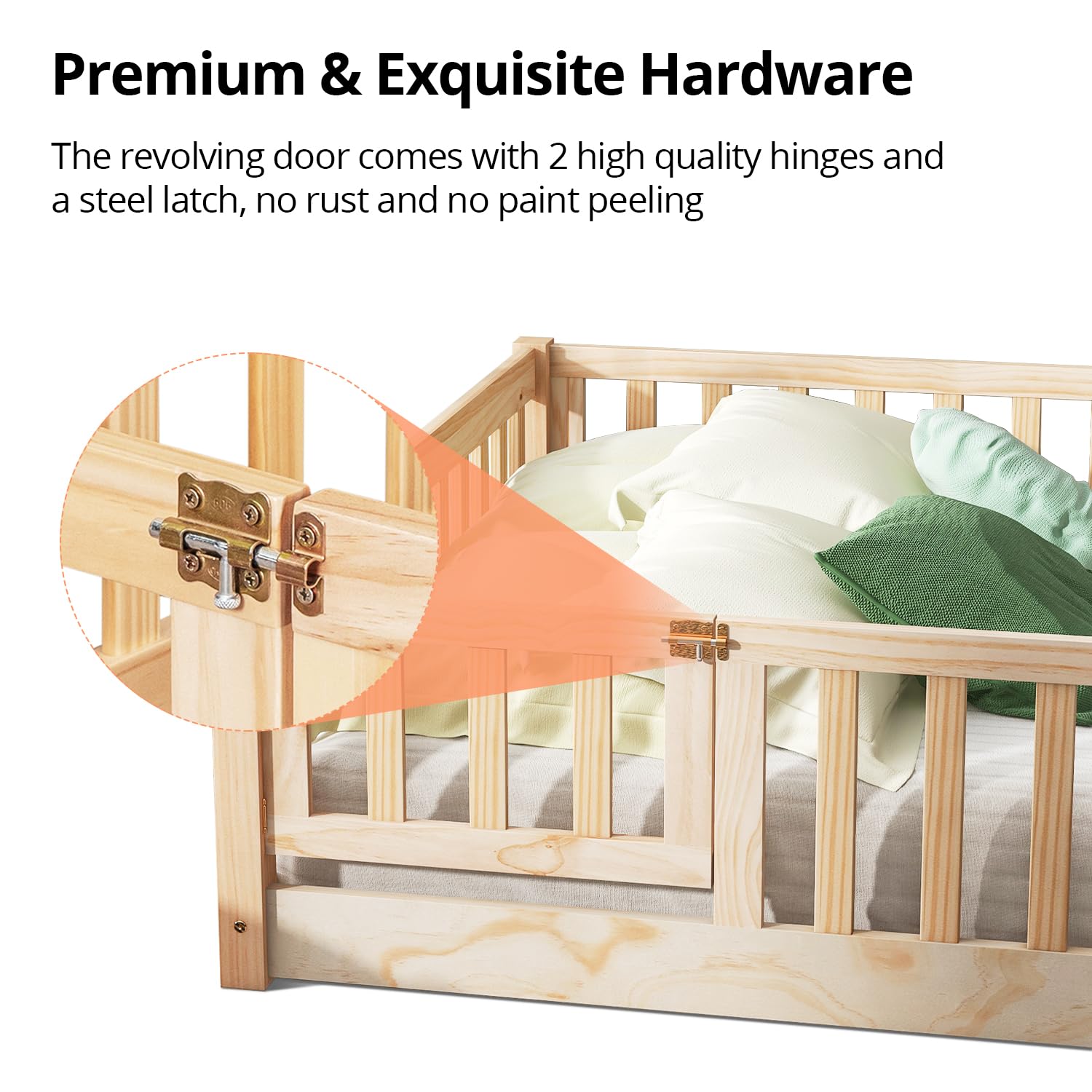 i-POOK Twin Floor Bed for Kids - Solid Wood Montessori Bed Frame with Wood Slats, Safety Fence & Door - Low Profile Toddler Bed for Boys and Girls - Natural Finish (Includes Bed Slats) - Perfect for Montessori Rooms, Daycare Centers & Safe Toddler Sleep Spaces