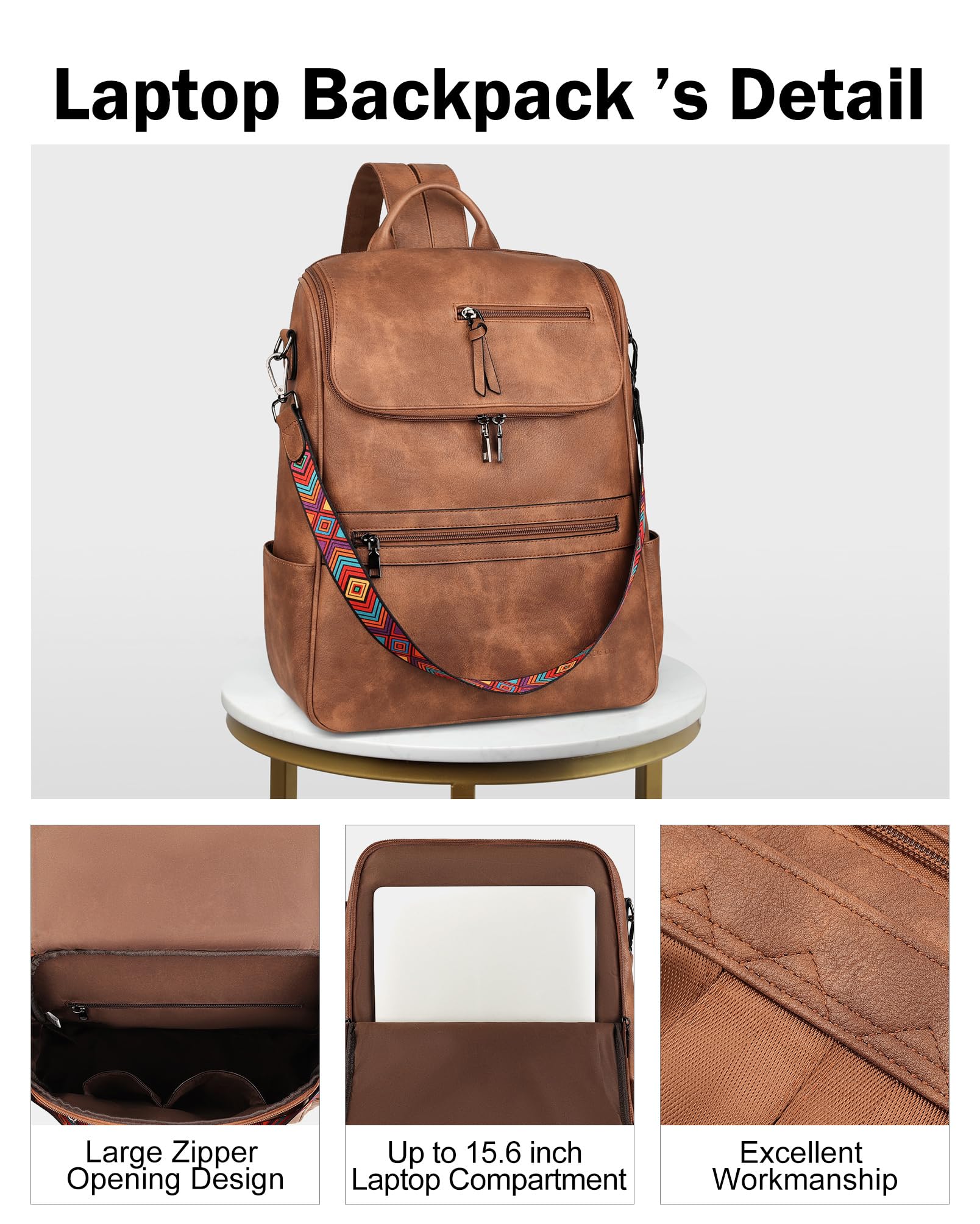 FADEON Women's Leather Laptop Backpack - Stylish Brown Designer Travel Backpack with Laptop Compartment, Perfect for Work, School & Travel