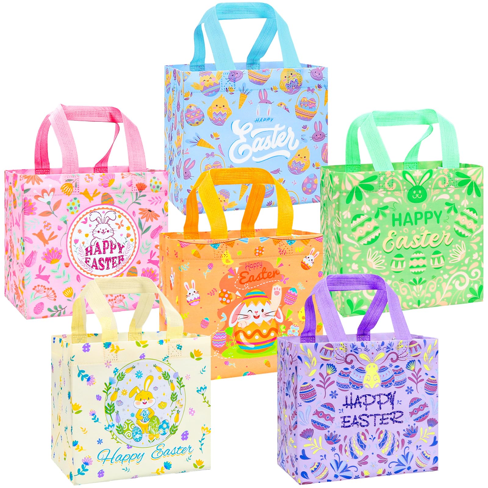 DULEFUN Easter Gift Tote Bags - 6 Styles Reusable Non-Woven Egg Hunt Treat Bags for Easter Holiday, Spring Party Favors & Gift Wrapping Supplies - Perfect for Easter Egg Hunts, Spring Celebrations & Party Gift Baskets