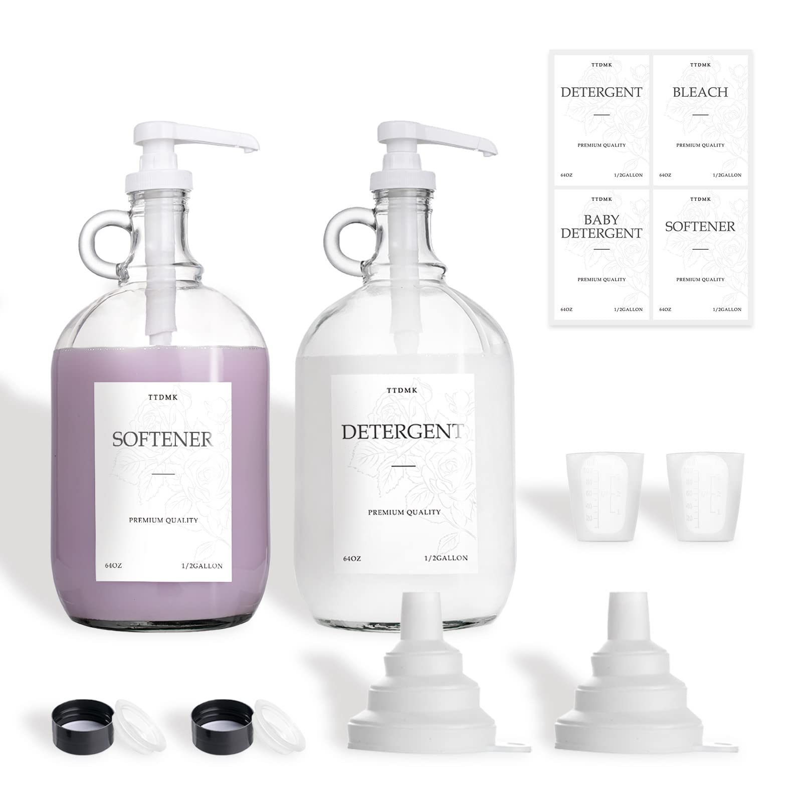 2-Pack Glass Laundry Detergent Dispenser Set with Pump - 64oz (Half Gallon) Each, Includes Measuring Cup, Funnel & Labels - Perfect for Liquid Soap Storage & Organized Laundry Room