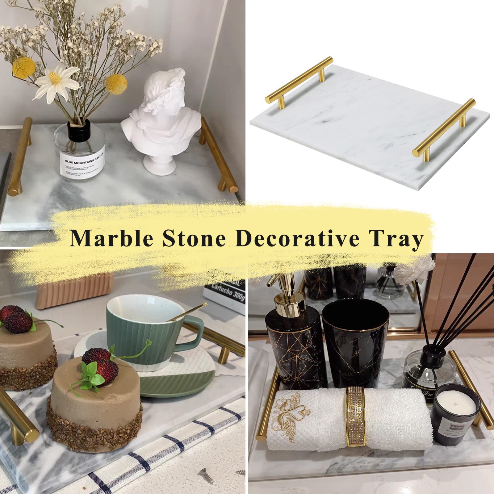 MAOPINER Handmade Marble Stone Perfume Tray with Copper Metal Handles - Elegant Jewelry Catchall & Trinket Organizer for Vanity, Dresser, Nightstand, Desk - Perfect for Displaying Perfumes, Rings, Watches & Keys (White)
