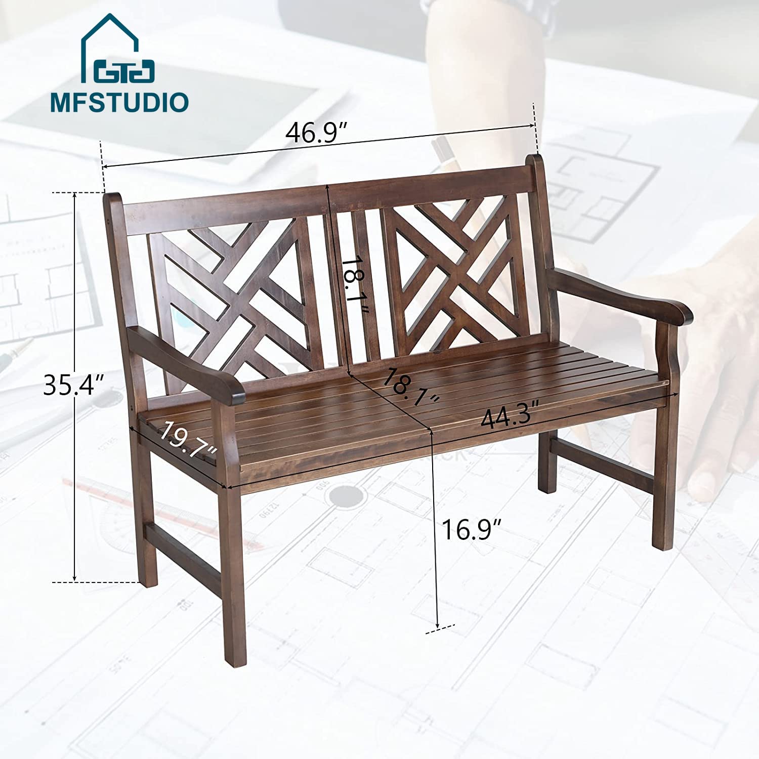 MFSTUDIO Acacia Wood Garden Bench with Backrest & Armrest - 2-Person Outdoor Patio Bench for Porch, Park, Yard - 600 lbs Weight Capacity (Brown) - Perfect for Relaxing in Gardens, Backyards & Outdoor Spaces