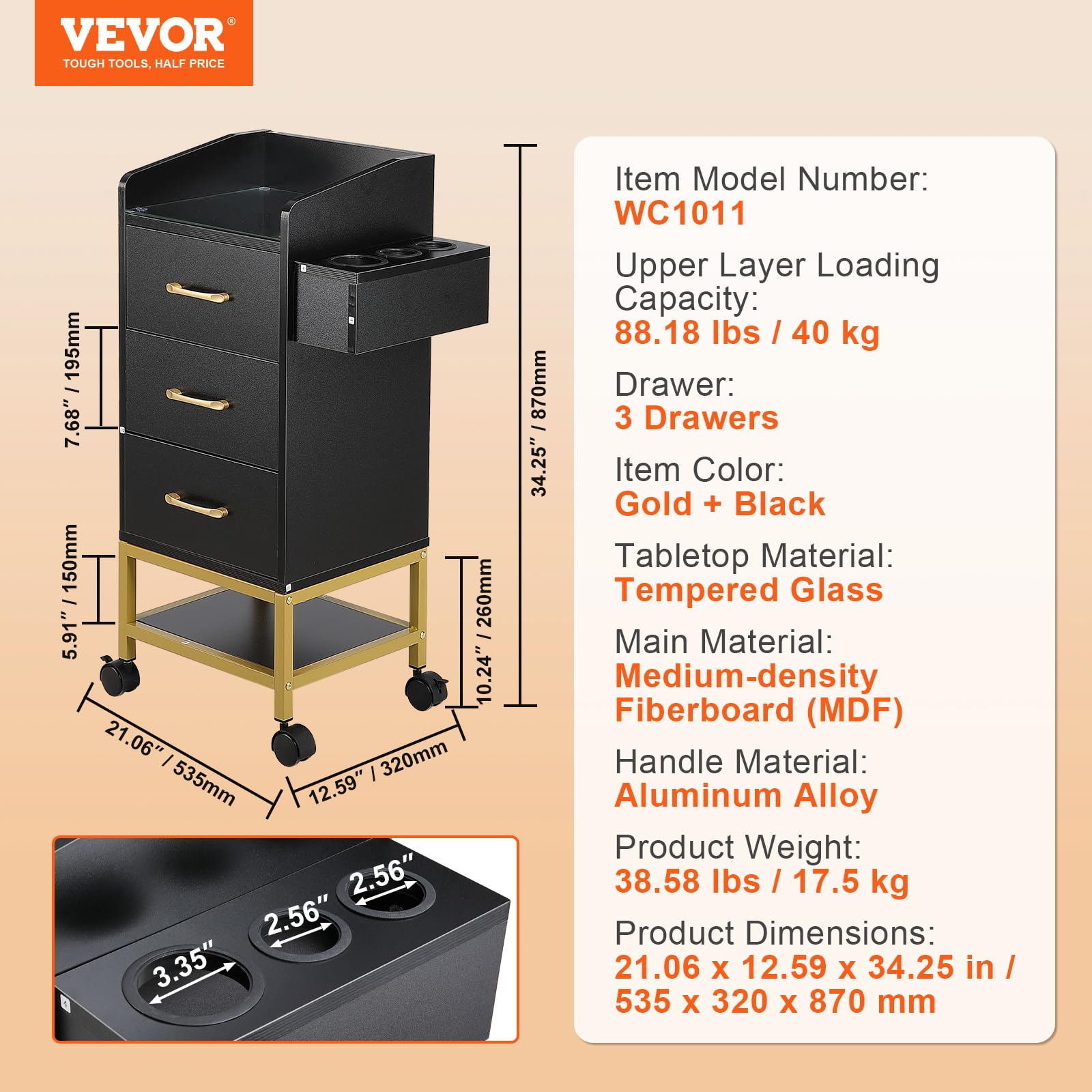 VEVOR Salon Storage Cart with Glass Top, 4-Wheel Rolling Hairdressing Station with Drawer & Dryer Holder - Mobile Beauty Cabinet for Stylists, Barbers & SPA - Perfect for Salon Organization & Styling Tools Storage