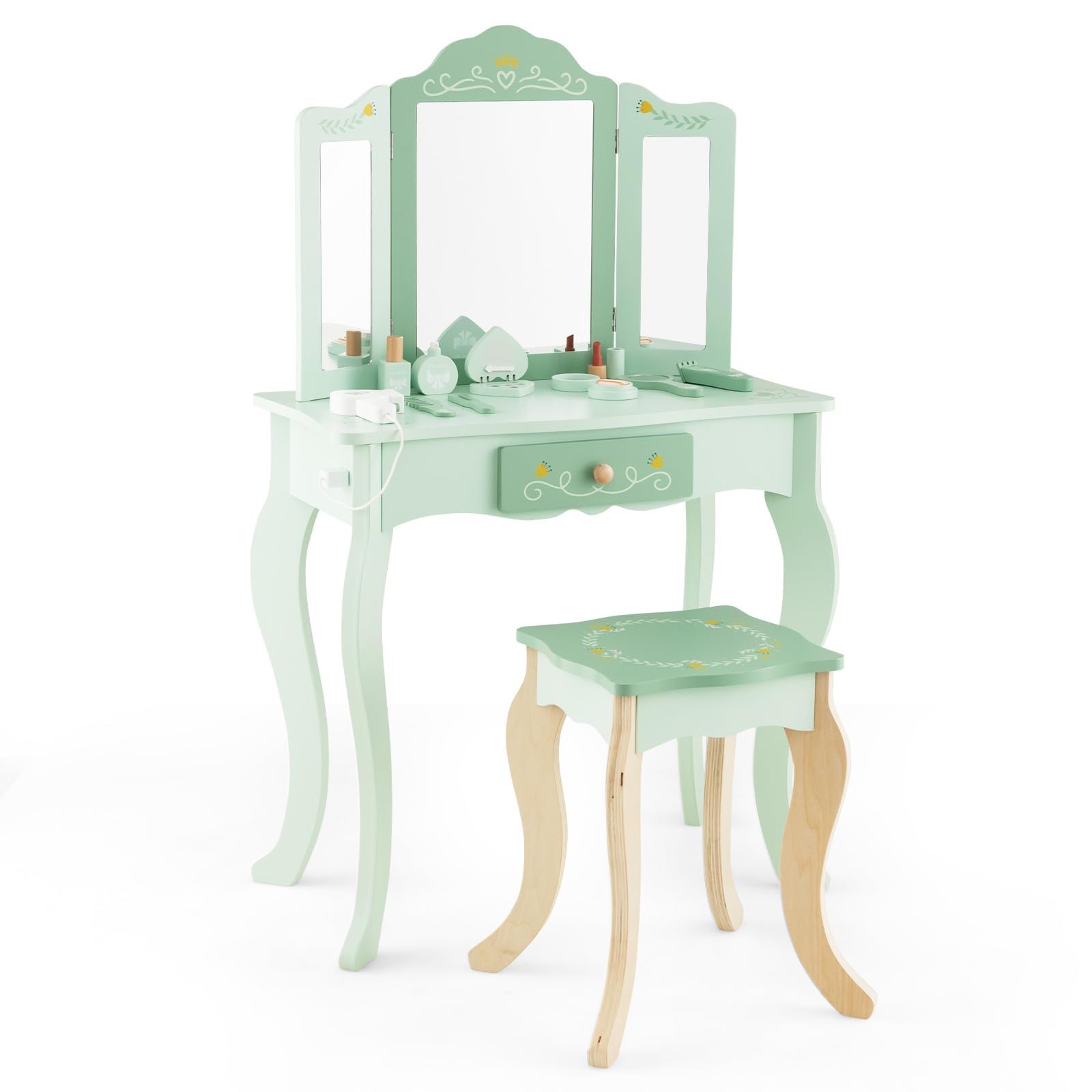 Honey Joy Kids Vanity Set - Wooden Makeup Table & Chair for Toddlers - Pretend Play Dressing Toys - for Girls Bedroom Play