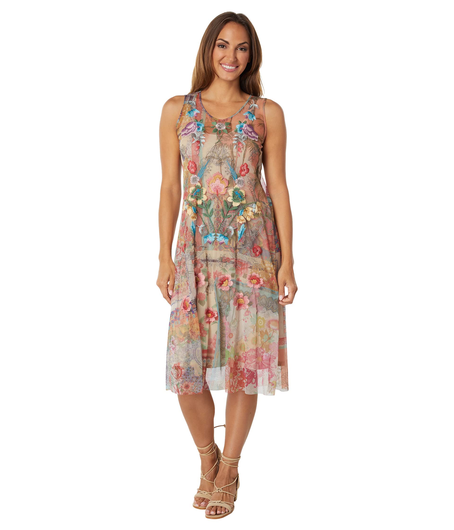 Biya Johnny Was Women's Sleeveless Embroidered Mesh Dress - Elegant Boho Floral Summer Dress for Beach, Wedding & Special Occasions