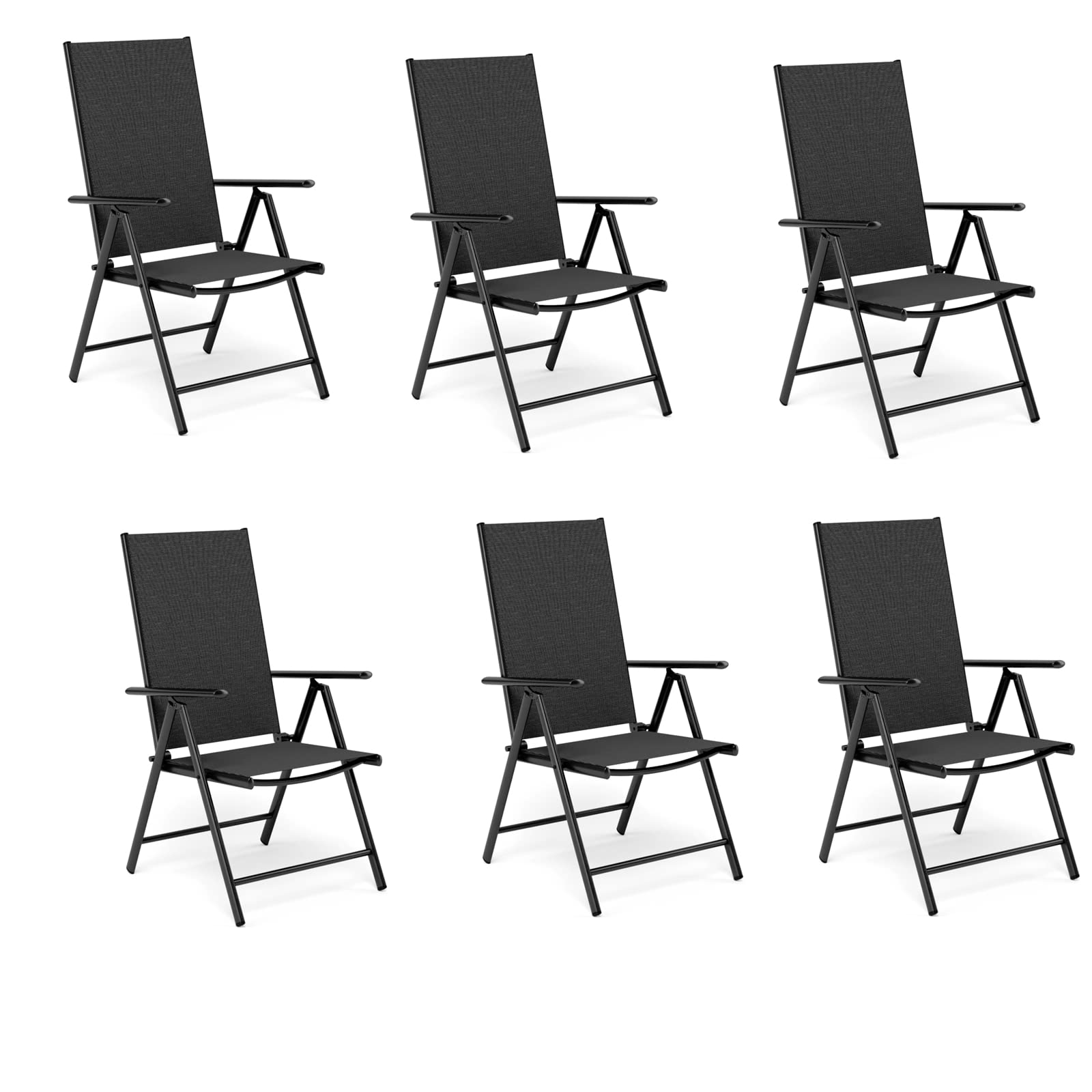 MFSTUDIO 6-Pack Black Adjustable Folding Patio Chairs - Portable Outdoor Dining Chairs with 7-Level Sling Back Support for Backyard, Lawn, Garden, Camping & Picnics