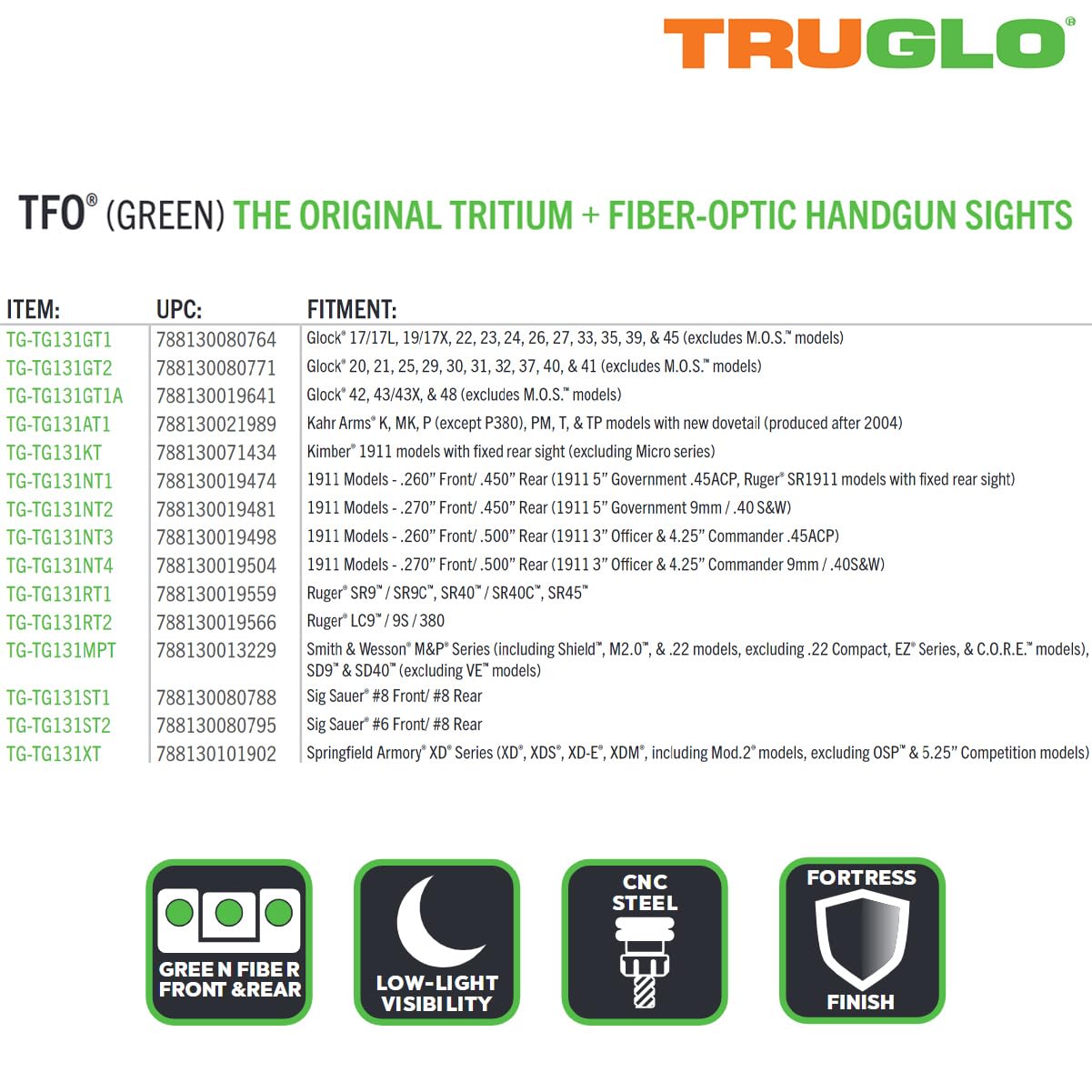 Truglo TFO Tritium & Fiber-Optic Handgun Sight Set - High Visibility Front & Rear Night Sights for Sig Sauer Pistols | Durable Compact Design for Low Light & Tactical Shooting