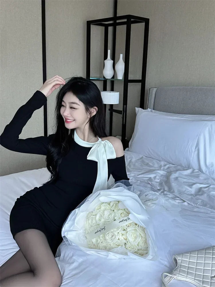 Black Off Shoulder Bodycon Mini Dress for Women - Sexy Wrap Slim Short Party Dress | Korean Fashion Kpop Bow Design | Perfect for Evening Parties, Clubbing & Date Nights