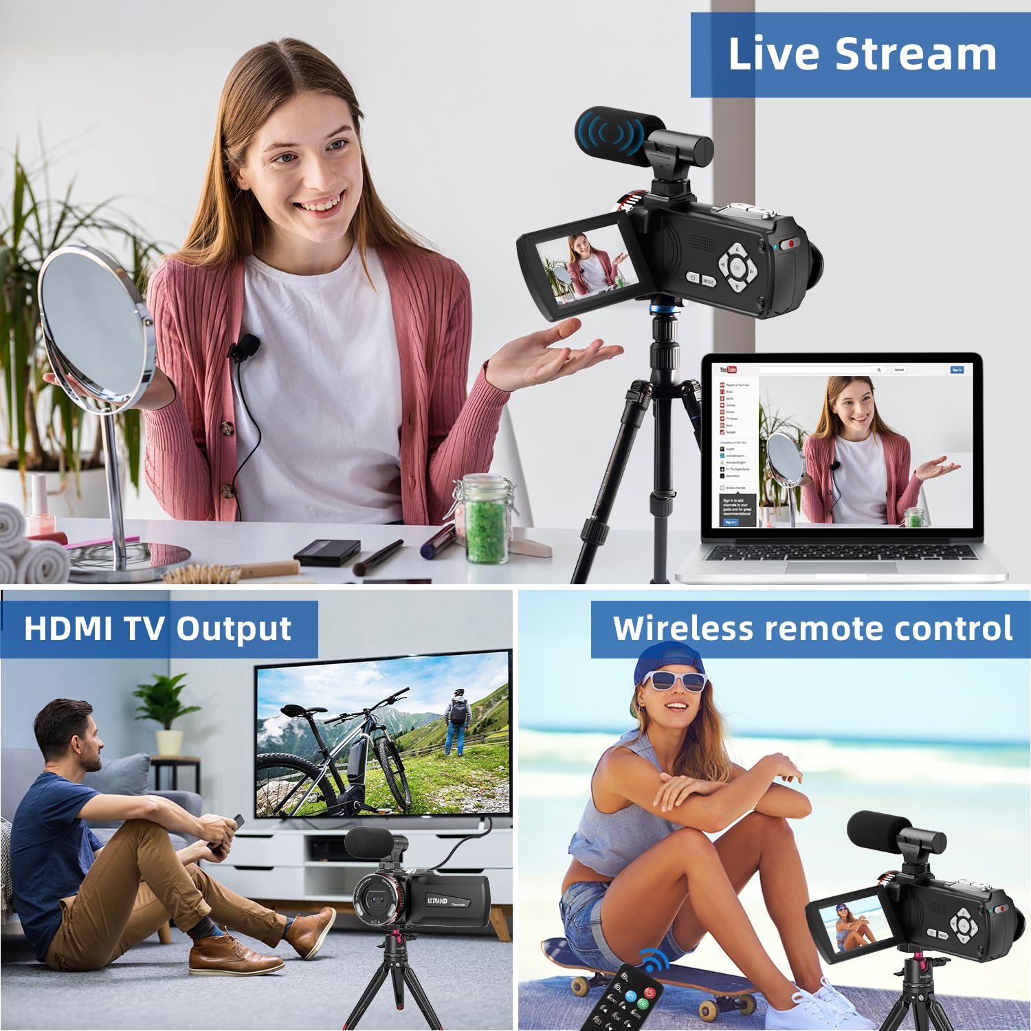 4K 64MP Dual Lens Video Camera with Wireless Mic, 60FPS Ultra HD Camcorder, 3