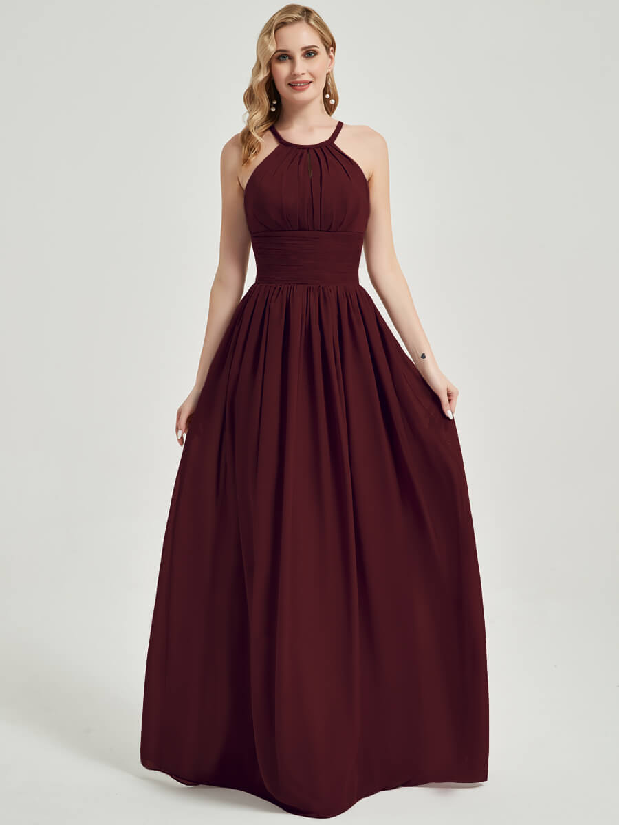 Elegant Burgundy Pleated Halter Sleeveless A-Line Chiffon Bridesmaid Dress for Weddings & Formal Events