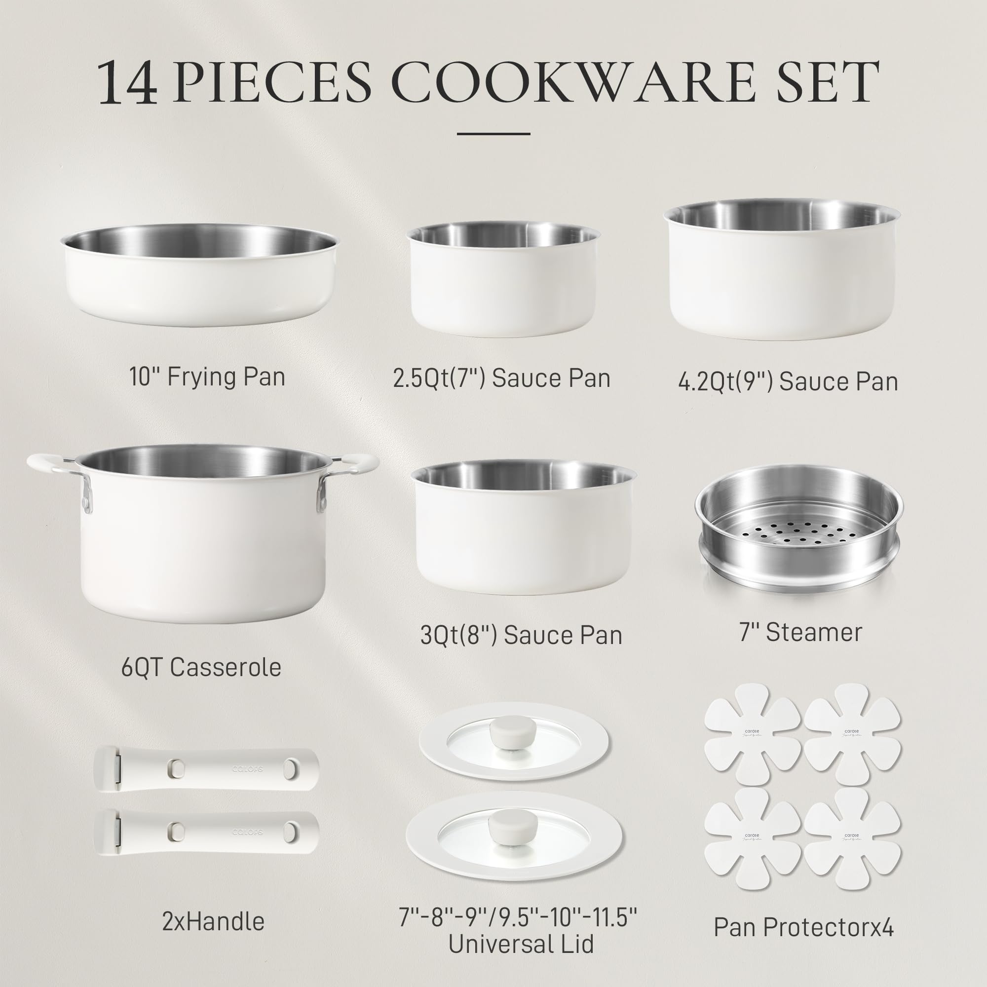 CAROTE 14-Piece Stainless Steel Cookware Set with Detachable Handles - Induction Compatible, Oven & RV Safe - Perfect for Camping, Home Kitchen & Outdoor Cooking
