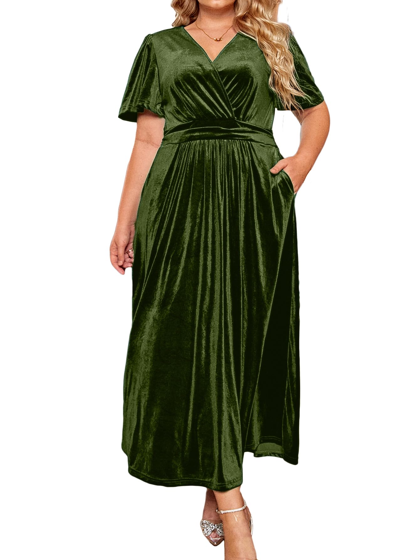 BerryGo Women's Plus Size Velvet Formal Dress for Wedding Guest - High Waisted Maternity Maxi Dress with V Neck & Slit - Elegant Short Sleeve Evening Gown for Bridesmaid, Prom, Cocktail Party & Special Occasions