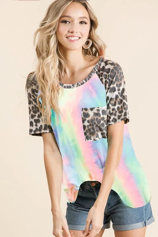 Trendy BiBi Tie Dye Knit Top with Leopard Raglan Sleeves | Women's Casual Boho Chic Blouse | Perfect for Music Festivals, Beach Outings & Street Style