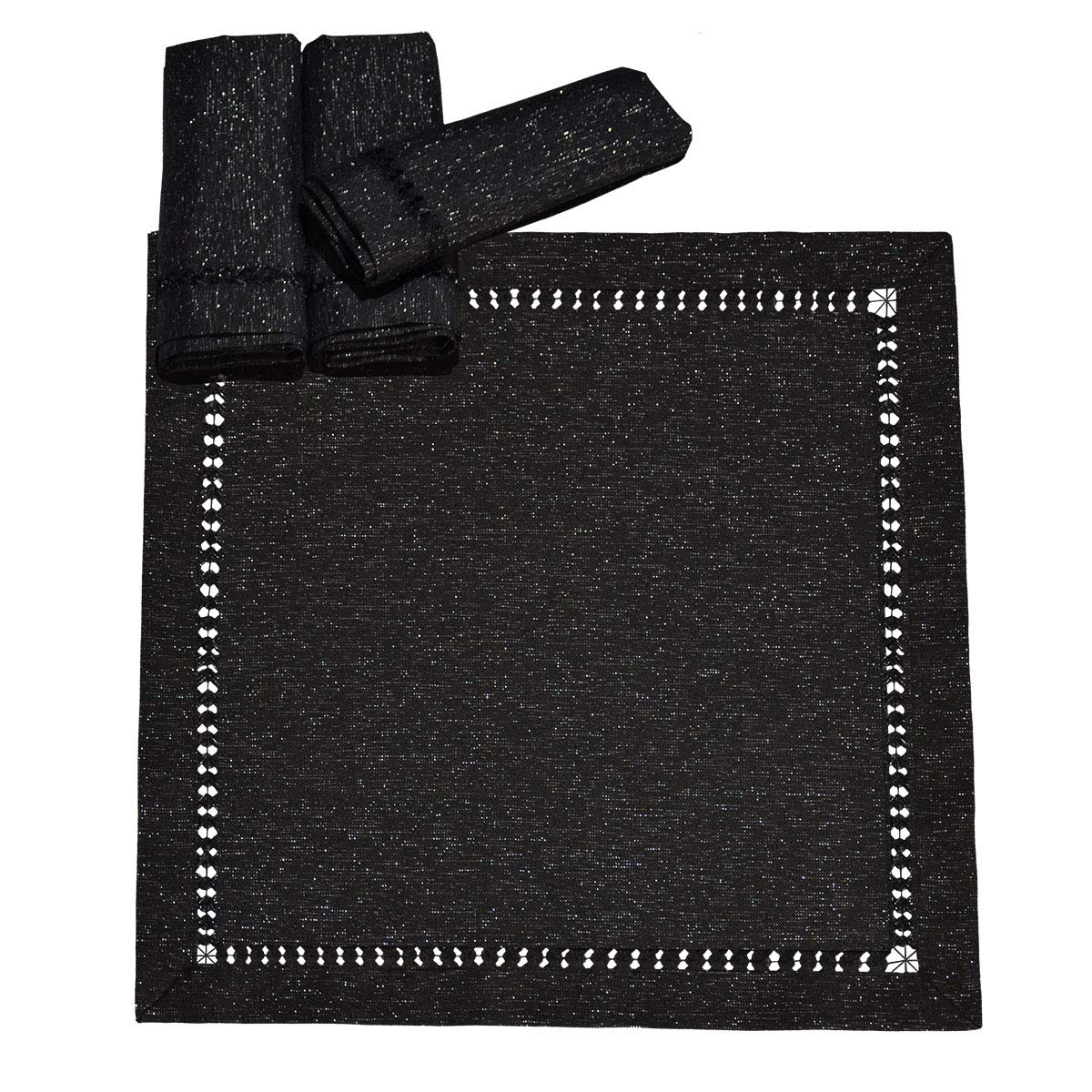 Premium Hand Hemstitched Halloween Dining Table Napkins - Silver Thread Interwoven Black Cloth Napkins (Set of 4, 18x18 Inches) for Holiday Dinner Parties, Festive Table Decor & Special Occasions