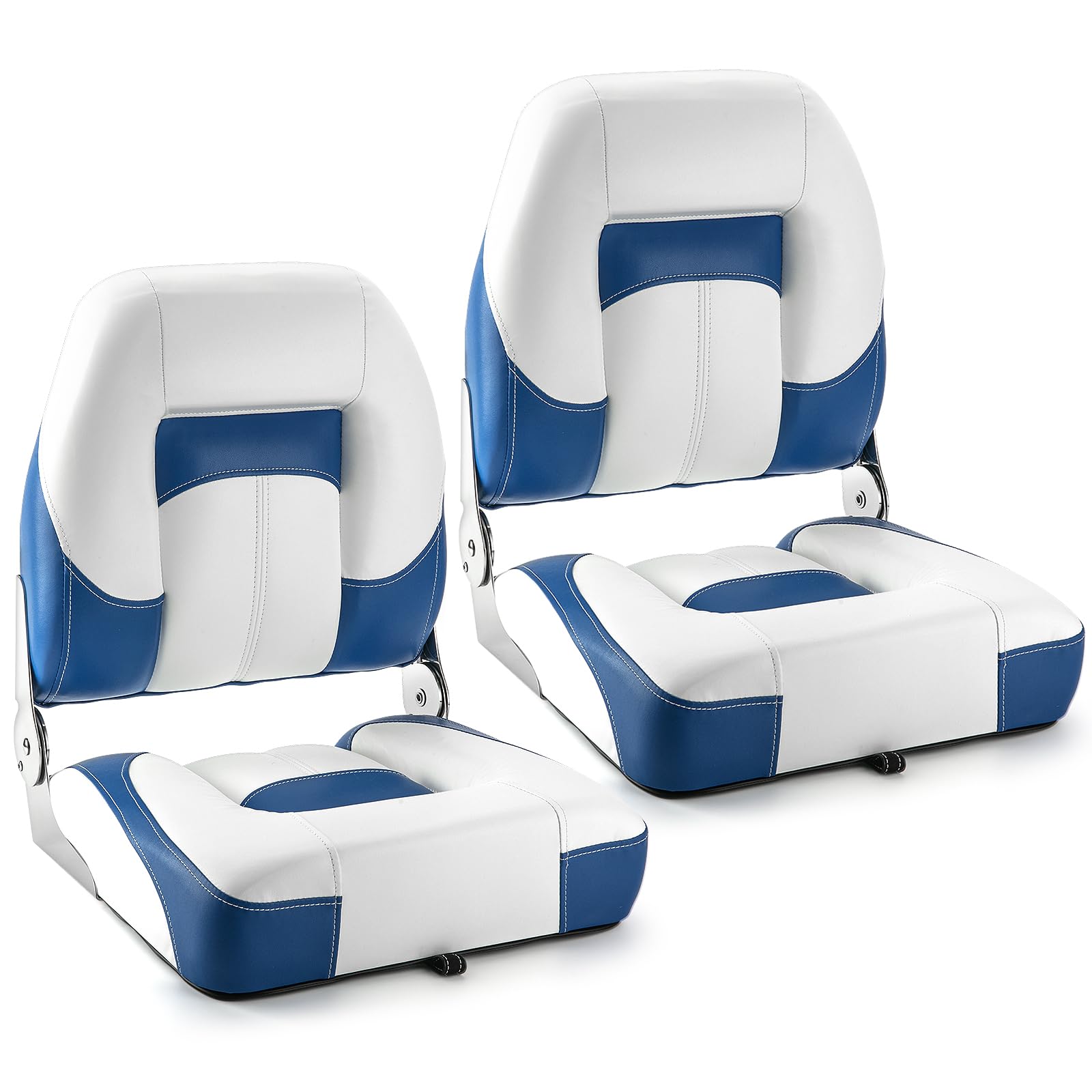 2 Pack Low Back Folding Boat Seats - Waterproof Microfiber Leather Fishing Captain Chairs with Stainless Steel Hinges & Hardware (White & Blue) - Perfect for Fishing Boats, Pontoon Boats & Marine Use