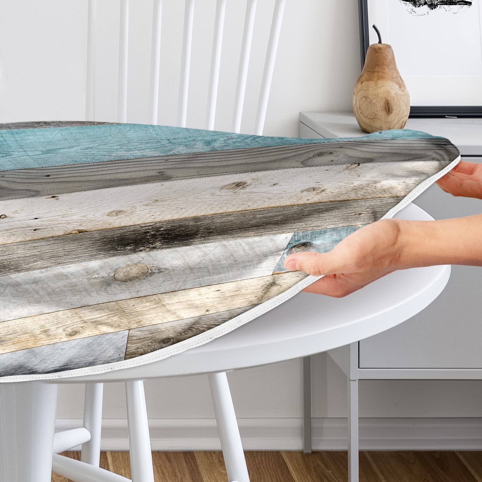 Farmhouse Round Fitted Tablecloth with Elastic Edge - Wood Texture Washable Table Cover for Kitchen, Dining, Picnic & Outdoor Party - Fits 36-44 Inch Round Tables - Durable & Reusable Home Decor