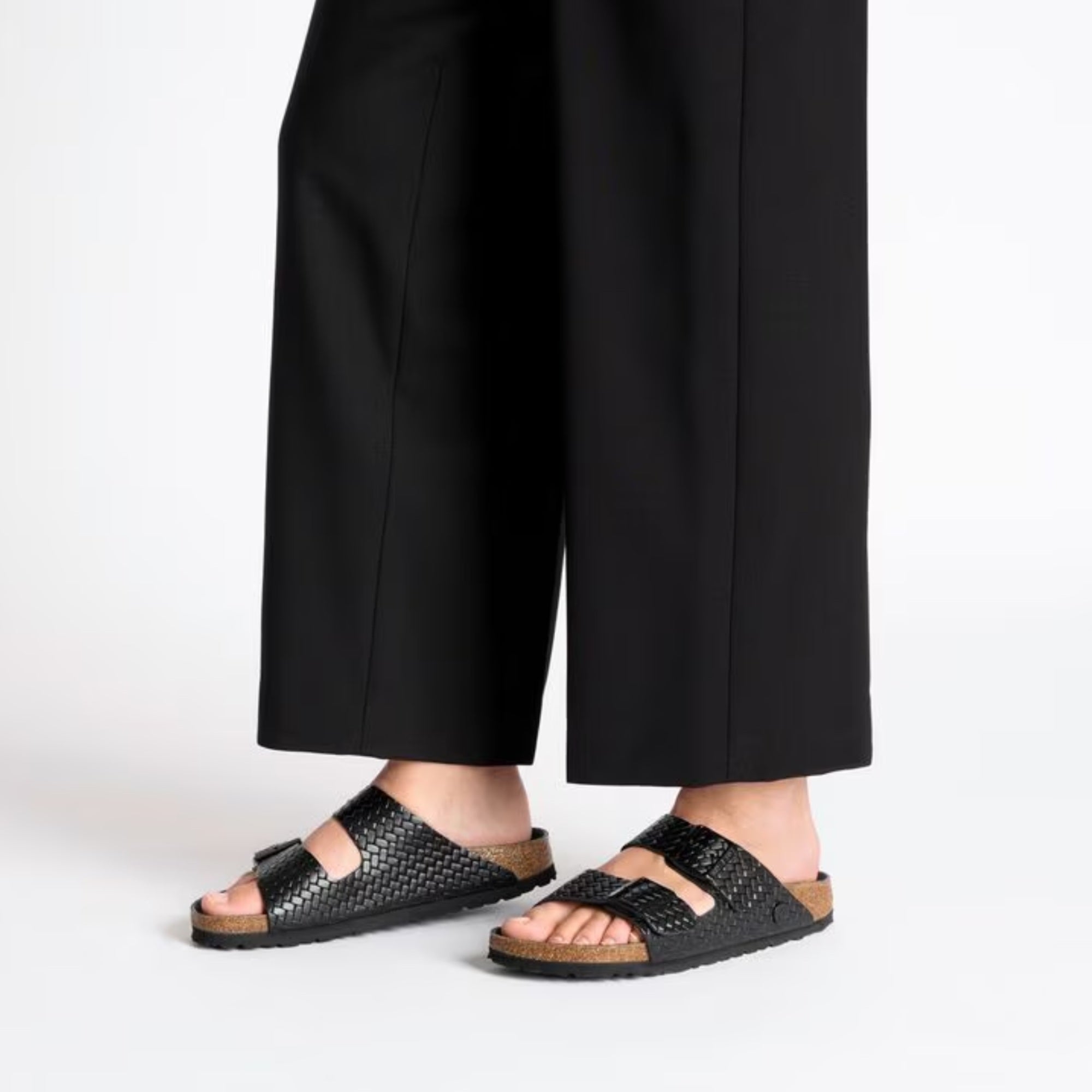 Arizona Woven Embossed Leather Sandals for Women - Narrow Fit Black Comfortable Summer Walking Shoes | Perfect for Beach, Vacation and Casual Outings