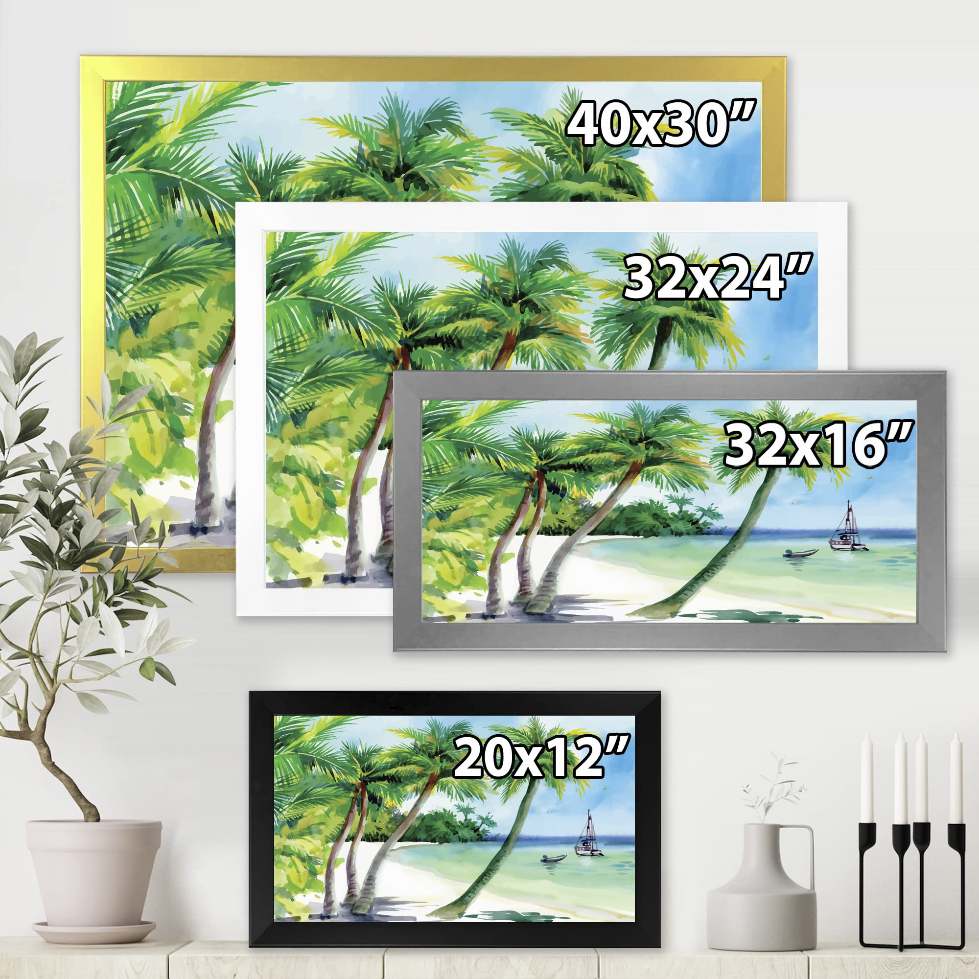DesignQ Summer Beach Palm Trees Nautical Coastal Framed Wall Art - Tropical Ocean Themed Home Decor for Living Room, Bedroom & Beach House