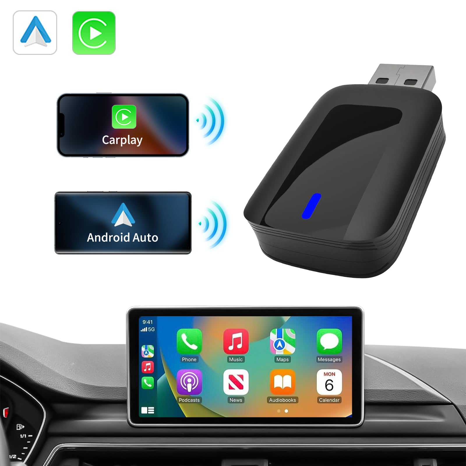 Wireless CarPlay Adapter for iPhone & Android Auto - USB Type A/C Compatible with Cars 2016+ & iOS 10+ | Plug & Play for Seamless Music, Navigation & Calls While Driving
