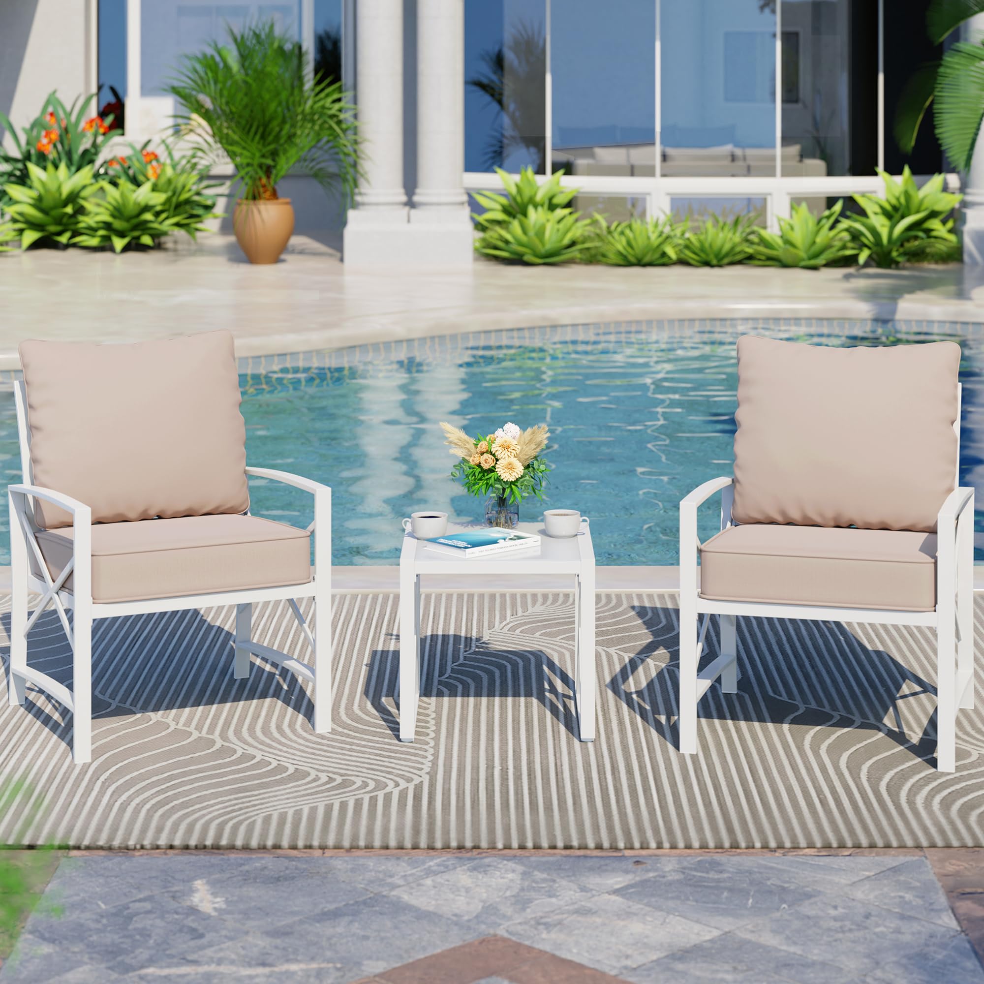 Shintenchi 3-Piece White Metal Outdoor Patio Furniture Set - Modern Sectional Sofa with Coffee Table for Backyard, Garden, Balcony - Weather-Resistant Conversation Set (Khaki) | Perfect for Outdoor Relaxation & Entertaining
