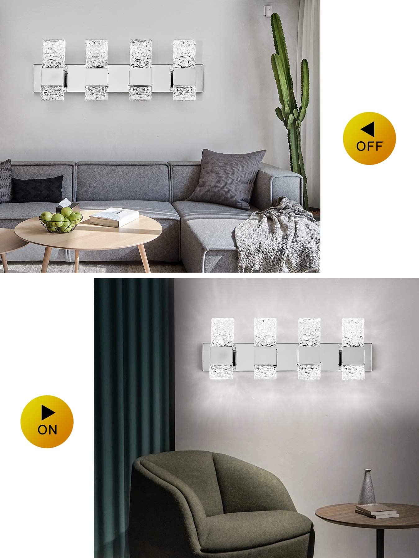 Modern LED Bathroom Vanity Light Fixtures - Chrome Stainless Steel 4-Light Wall Sconces for Bathroom Lighting Over Mirror - 28 Inch 40W LED Crystal Wall Light - Cool White 5800K - Perfect for Modern Bathrooms, Powder Rooms & Vanity Areas